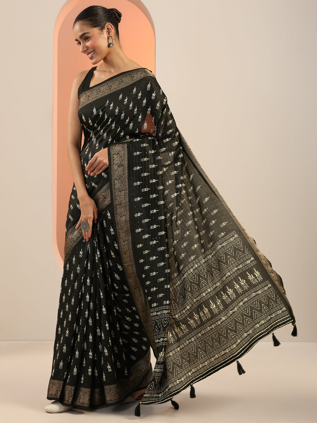  Black Printed Silk Saree With Unstitched Blouse Piece 