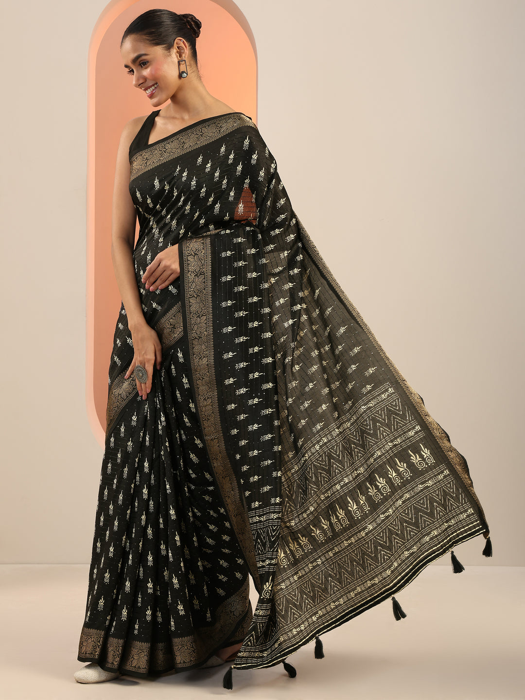  Black Printed Silk Saree With Unstitched Blouse Piece 