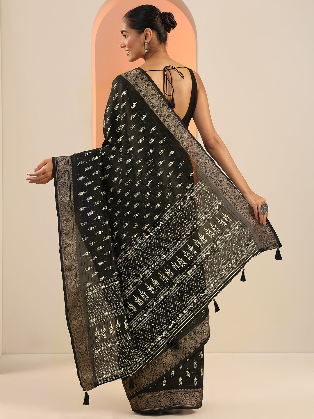 Black Printed Silk Saree With Unstitched Blouse Piece 
