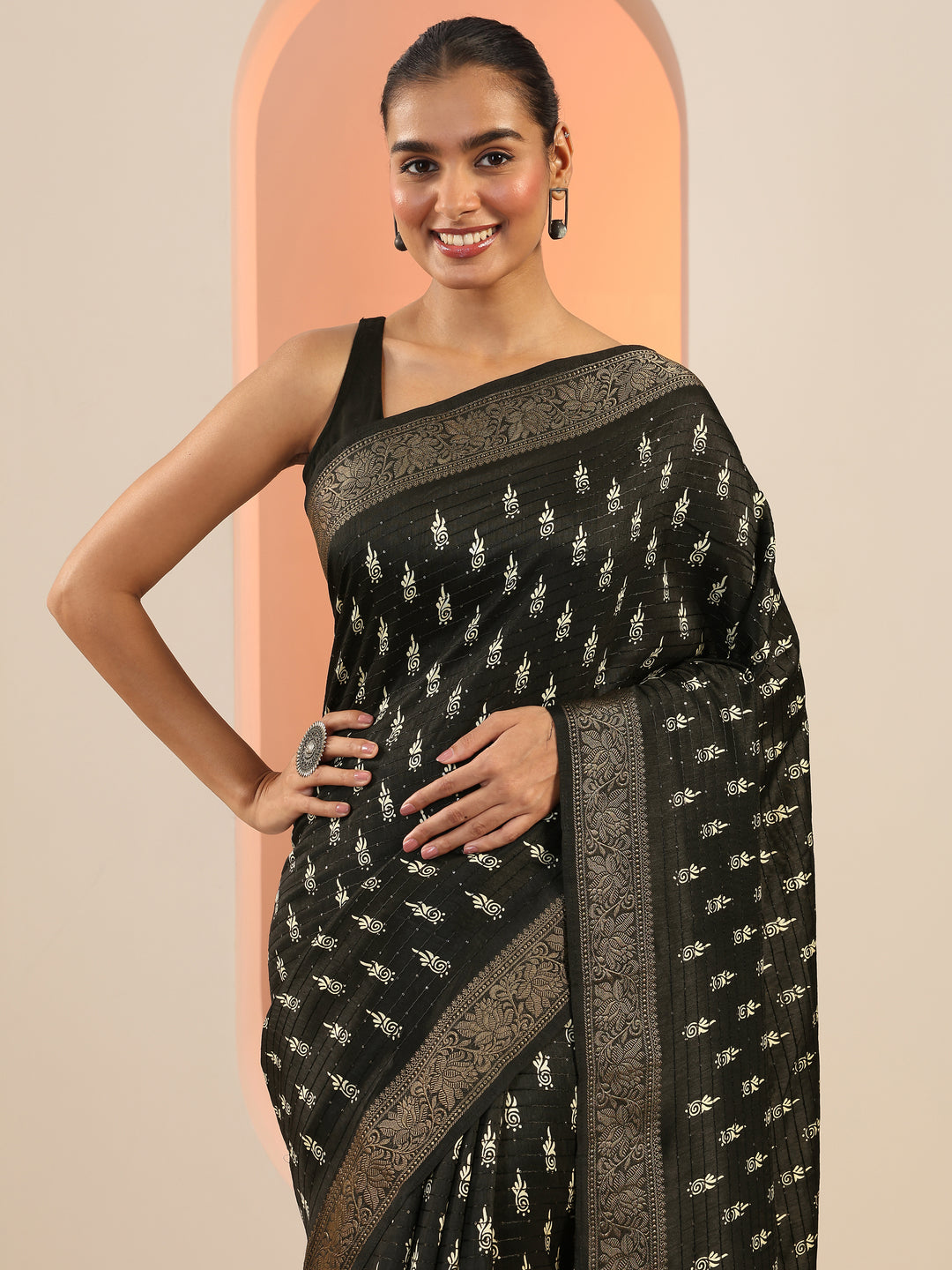  Black Printed Silk Saree With Unstitched Blouse Piece 