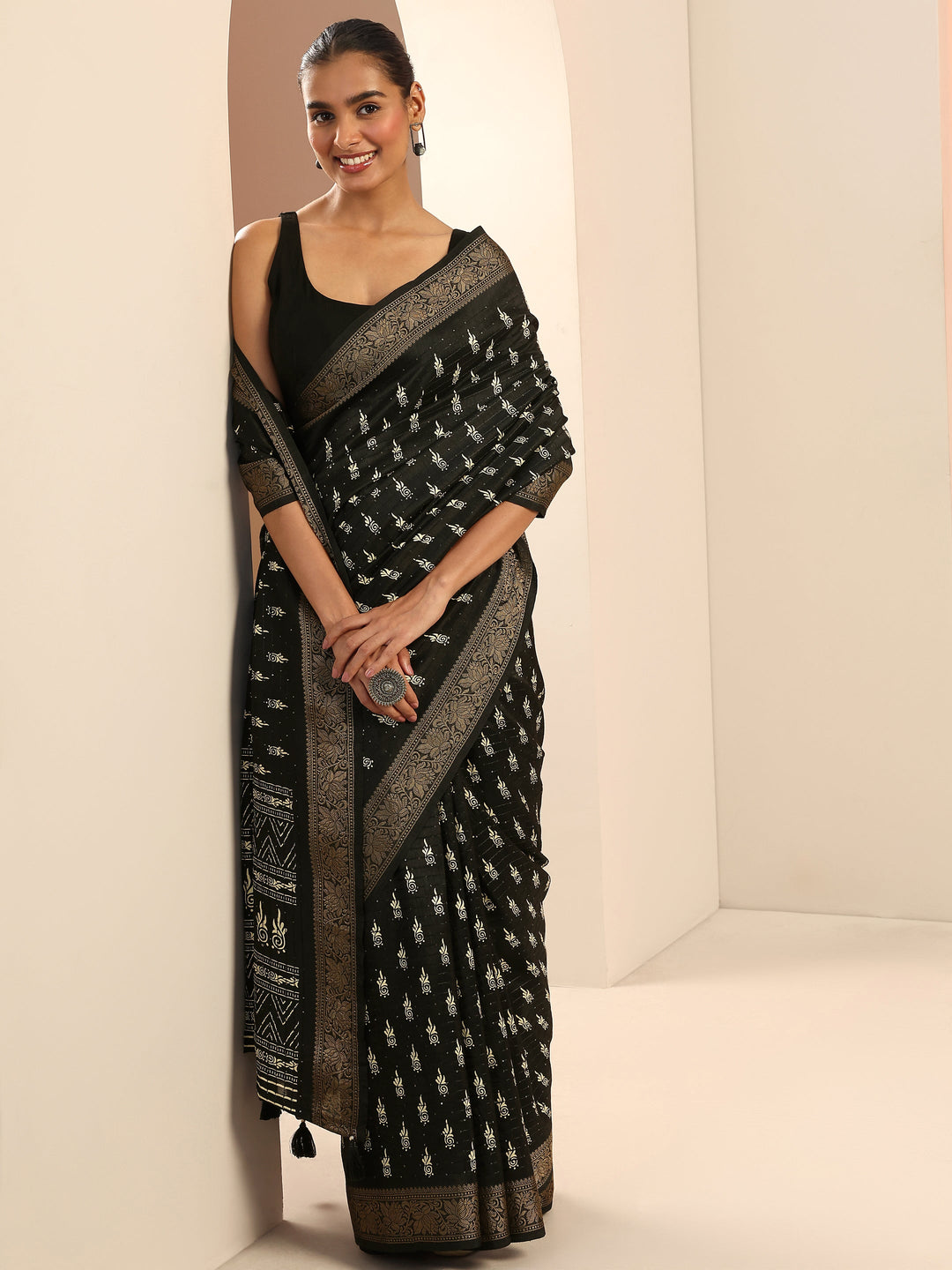  Black Printed Silk Saree With Unstitched Blouse Piece 