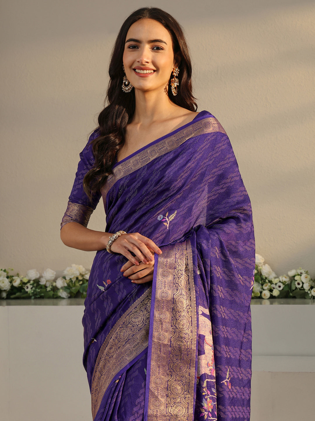  Purple Printed Georgette Saree With Unstitched Blouse Piece 