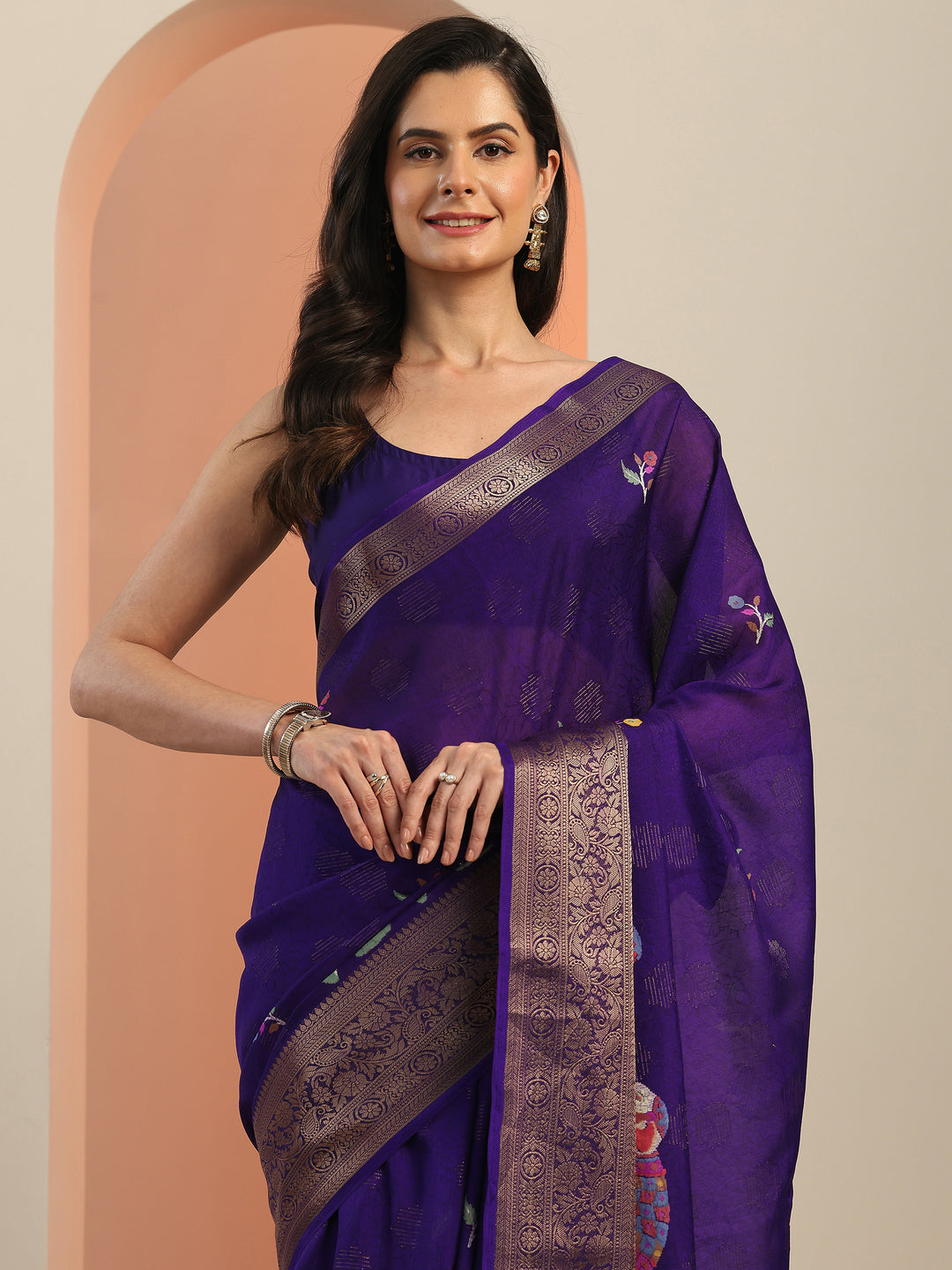  Purple Printed Georgette Saree With Unstitched Blouse Piece 