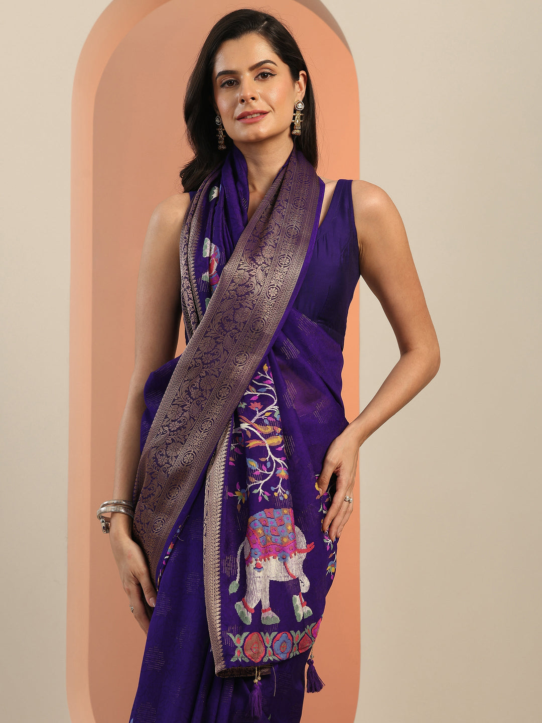  Purple Printed Georgette Saree With Unstitched Blouse Piece 