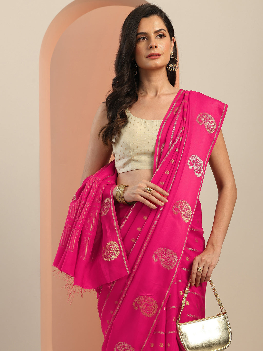  Pink Woven Design Silk Blend Saree With Unstitched Blouse Piece 