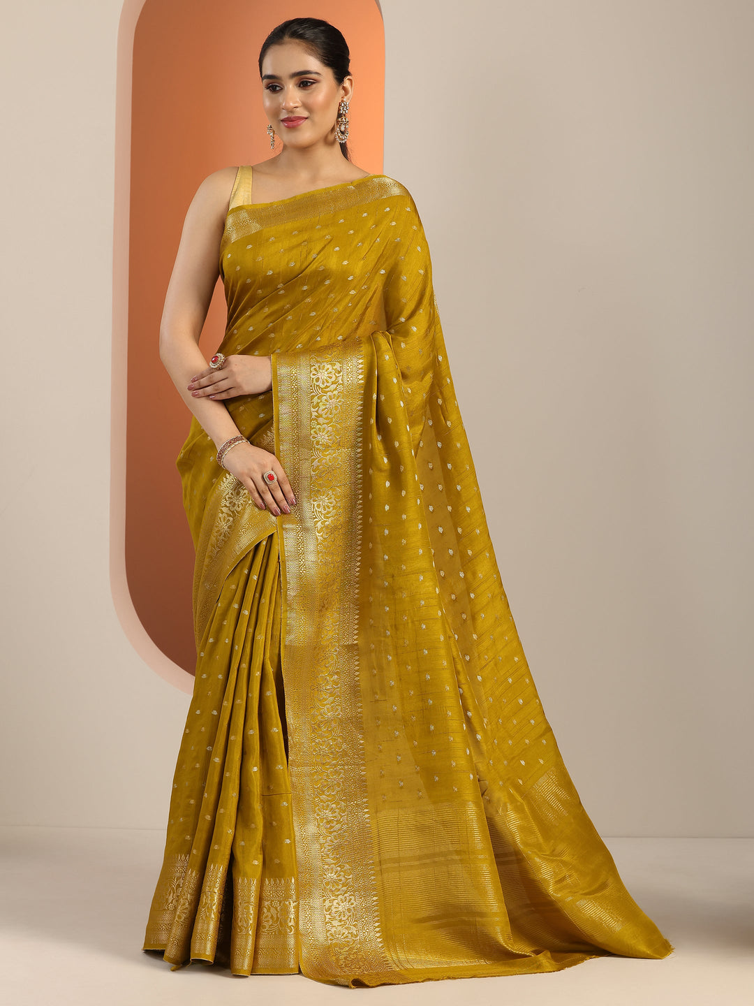  Olive Woven Design Silk Blend Saree With Unstitched Blouse Piece 