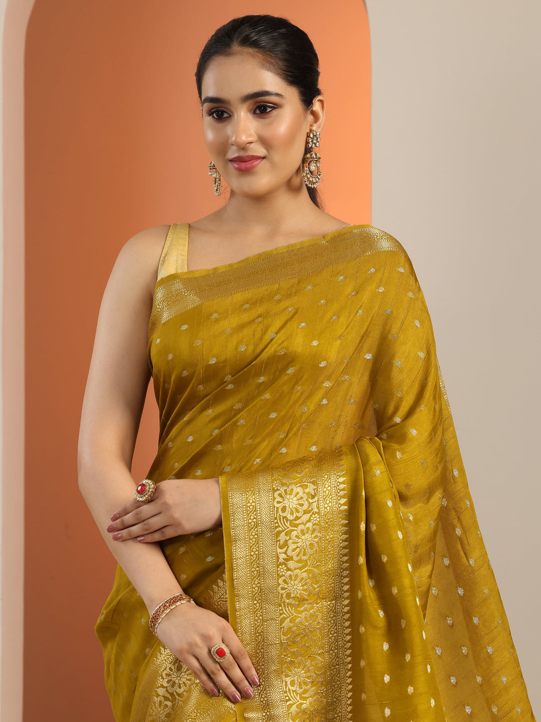  Olive Woven Design Silk Blend Saree With Unstitched Blouse Piece 