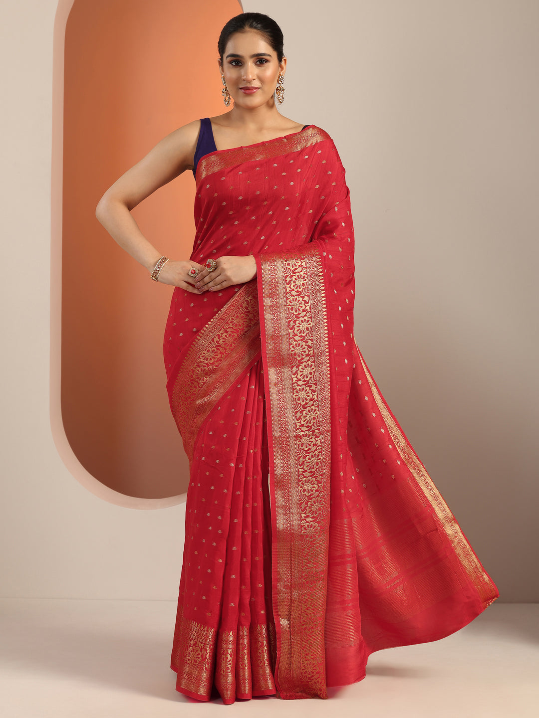  Red Woven Design Silk Blend Saree With Unstitched Blouse Piece 