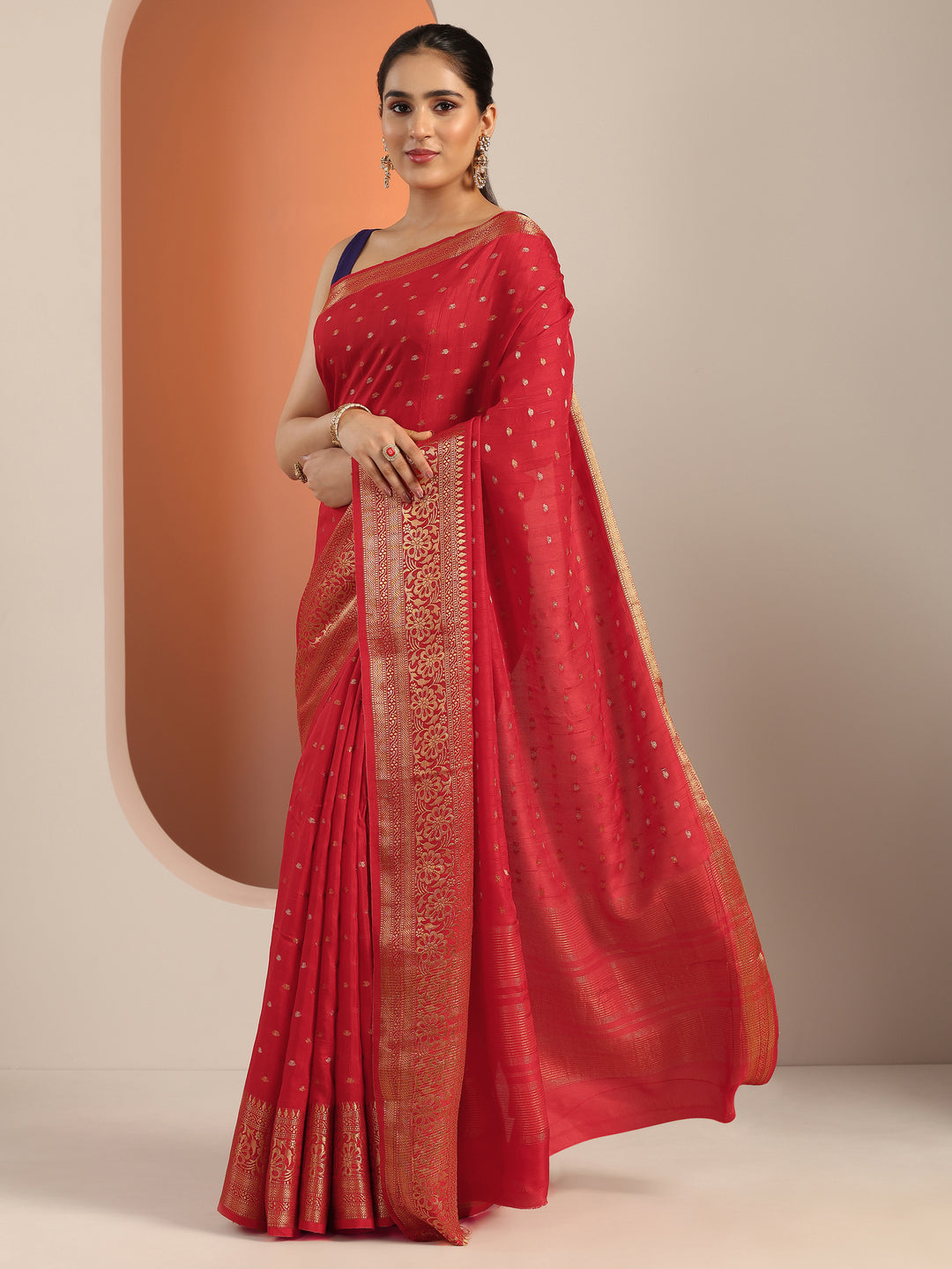  Red Woven Design Silk Blend Saree With Unstitched Blouse Piece 