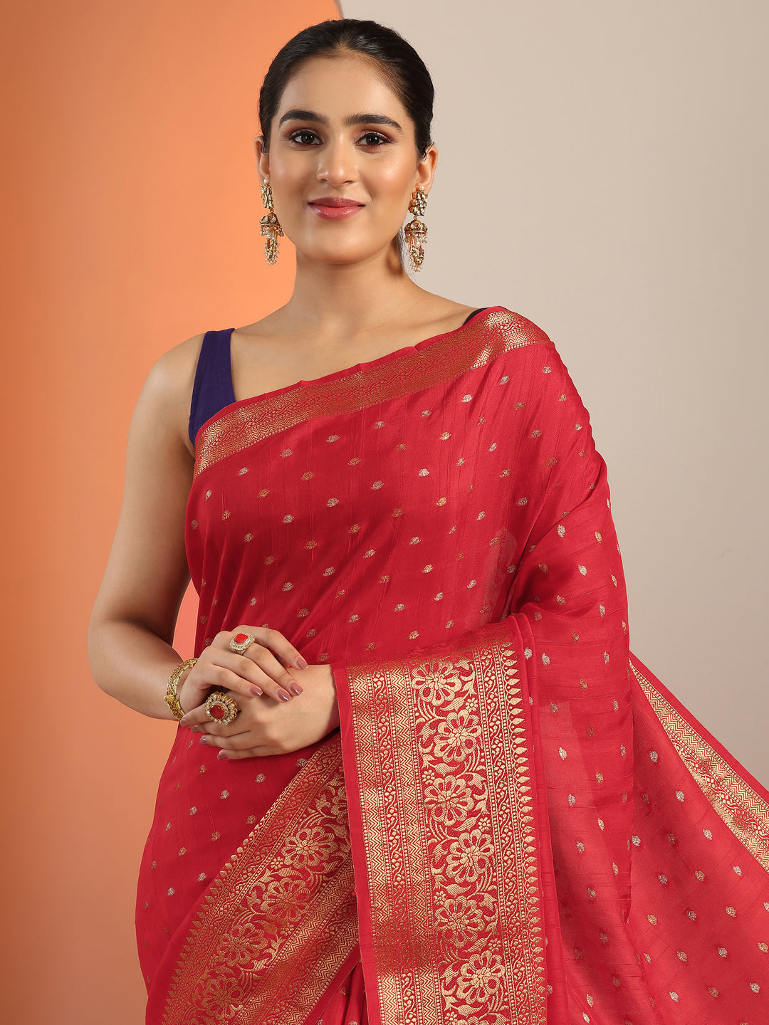  Red Woven Design Silk Blend Saree With Unstitched Blouse Piece 