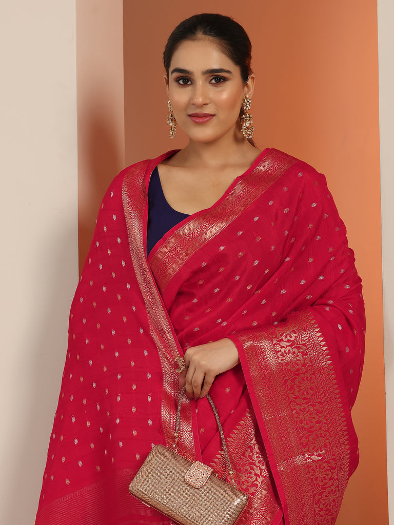 Libas Red Woven Design Silk Blend Saree With Unstitched Blouse Piece