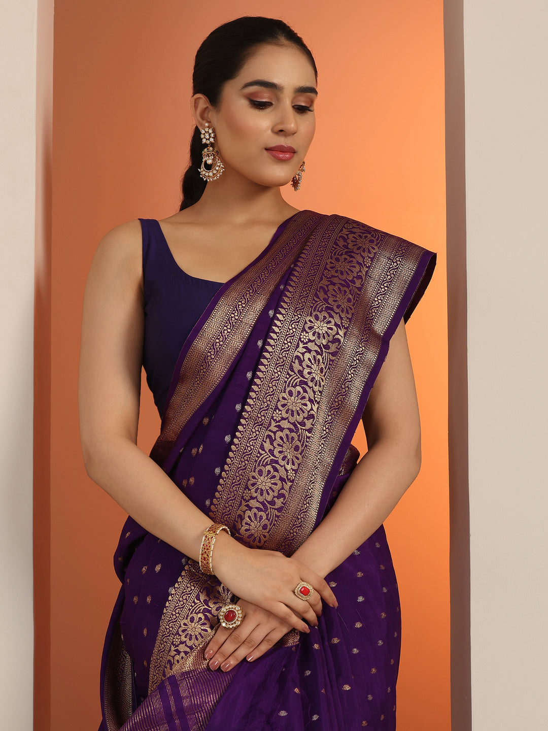  Purple Woven Design Silk Blend Saree With Unstitched Blouse Piece 