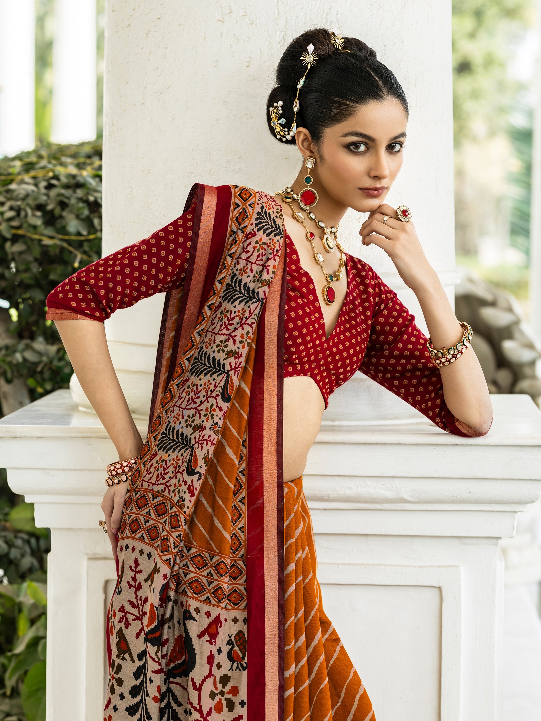 libas Mustard Leheriya Printed Cotton Blend Saree With Unstitched Blouse Piece-picture-16
