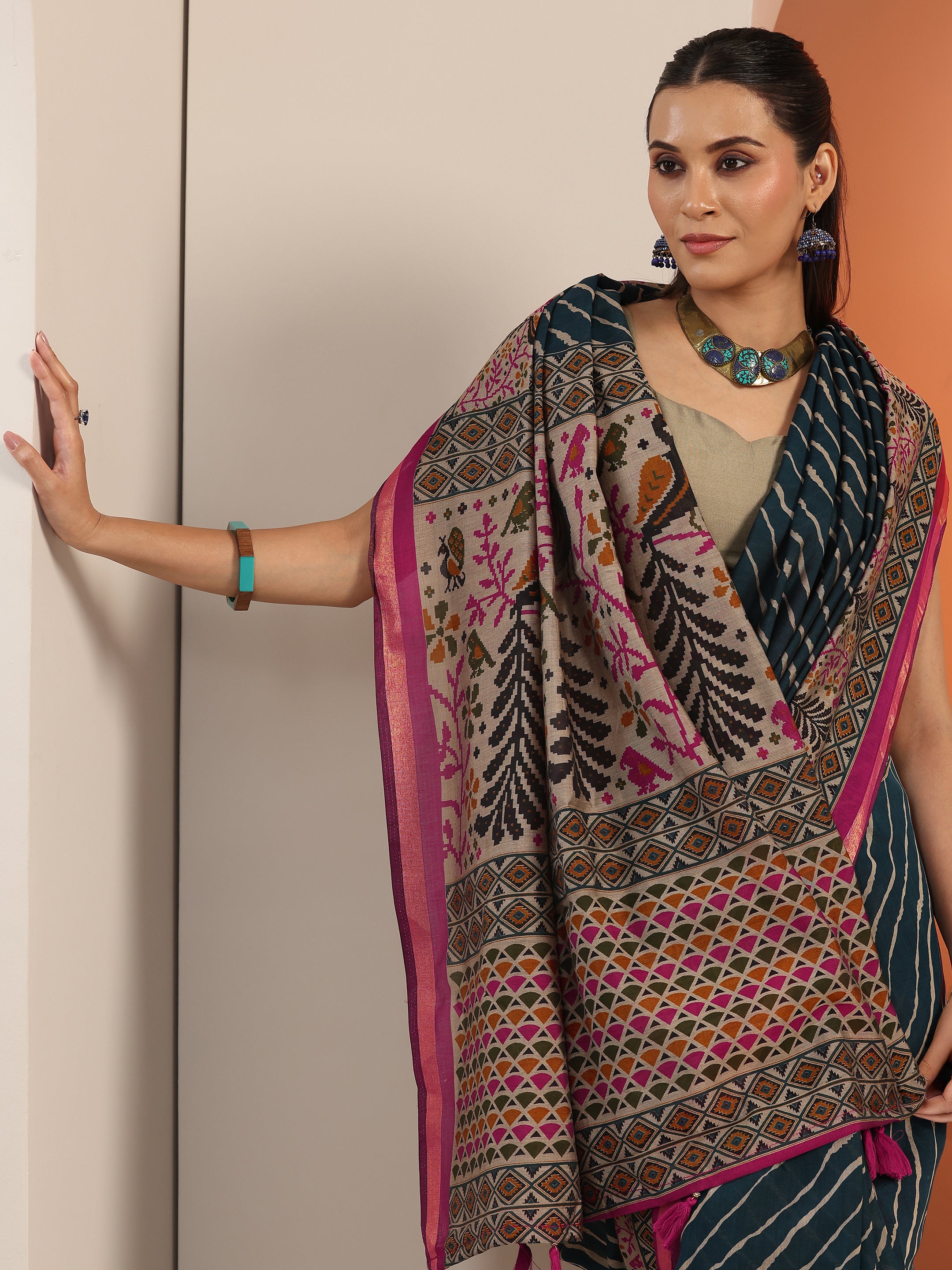 libas Teal Printed Cotton Blend Saree With Unstitched Blouse Piece-picture-50