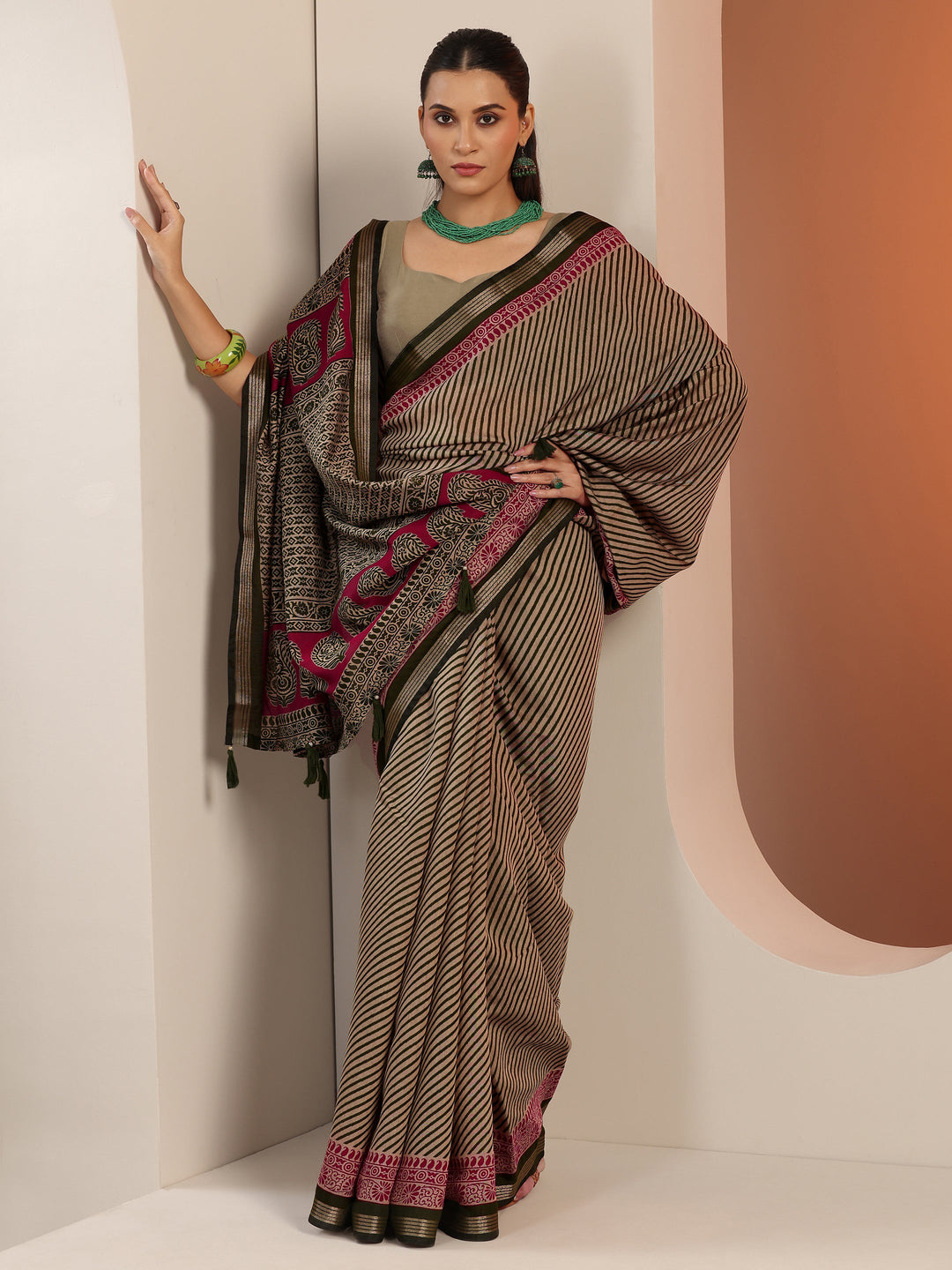  Olive Printed Cotton Blend Saree With Unstitched Blouse Piece 