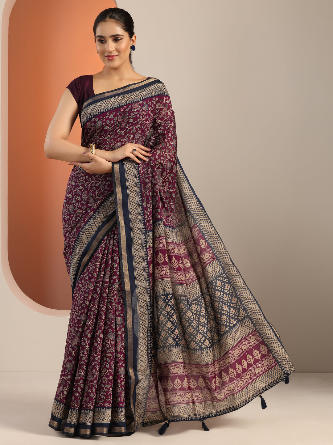  Purple Printed Cotton Blend Saree With Unstitched Blouse Piece 