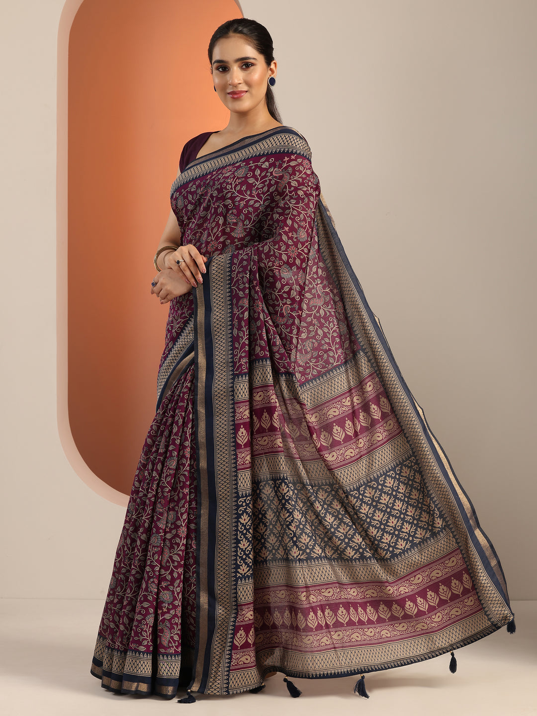  Purple Printed Cotton Blend Saree With Unstitched Blouse Piece 