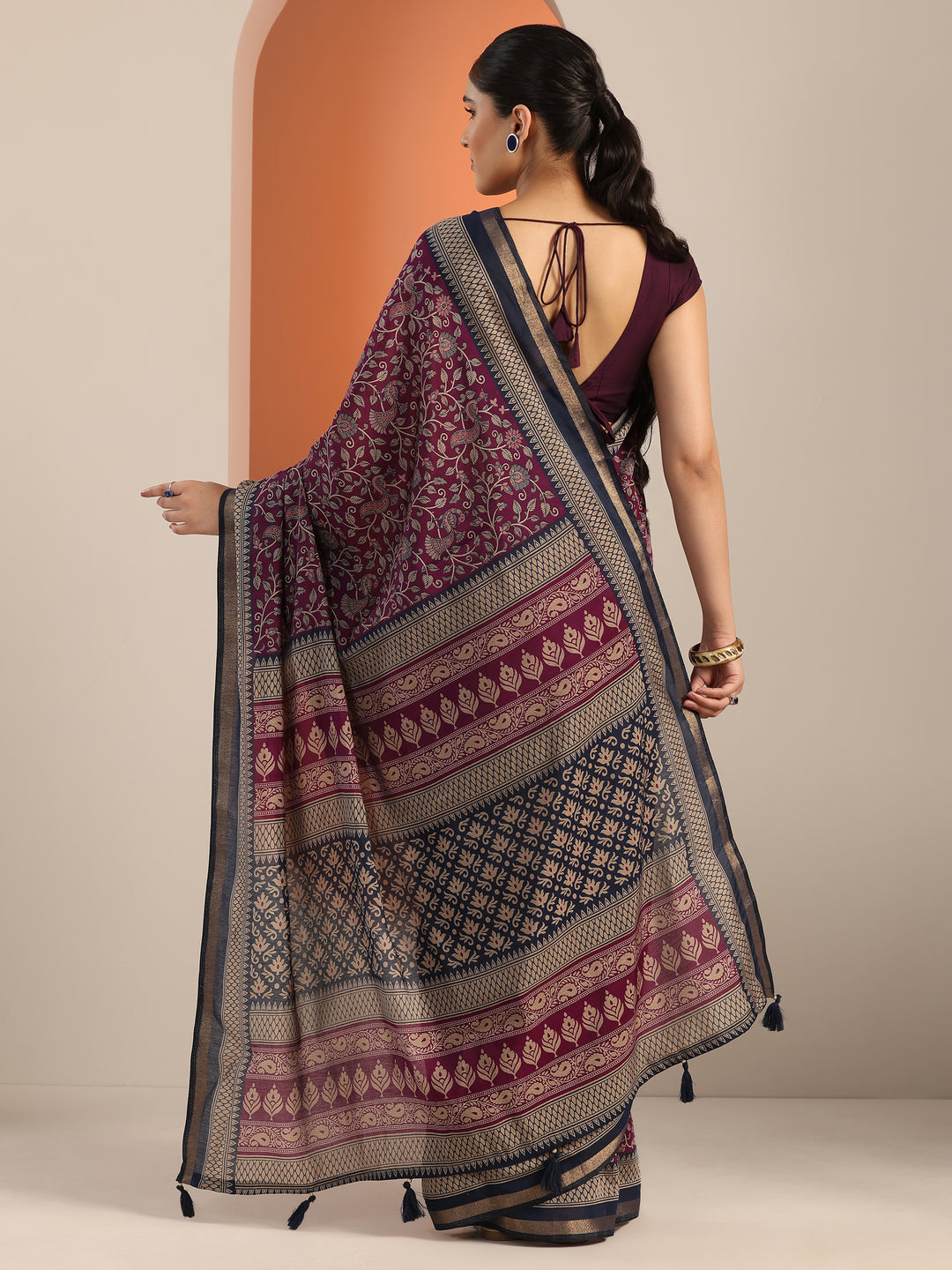  Purple Printed Cotton Blend Saree With Unstitched Blouse Piece 