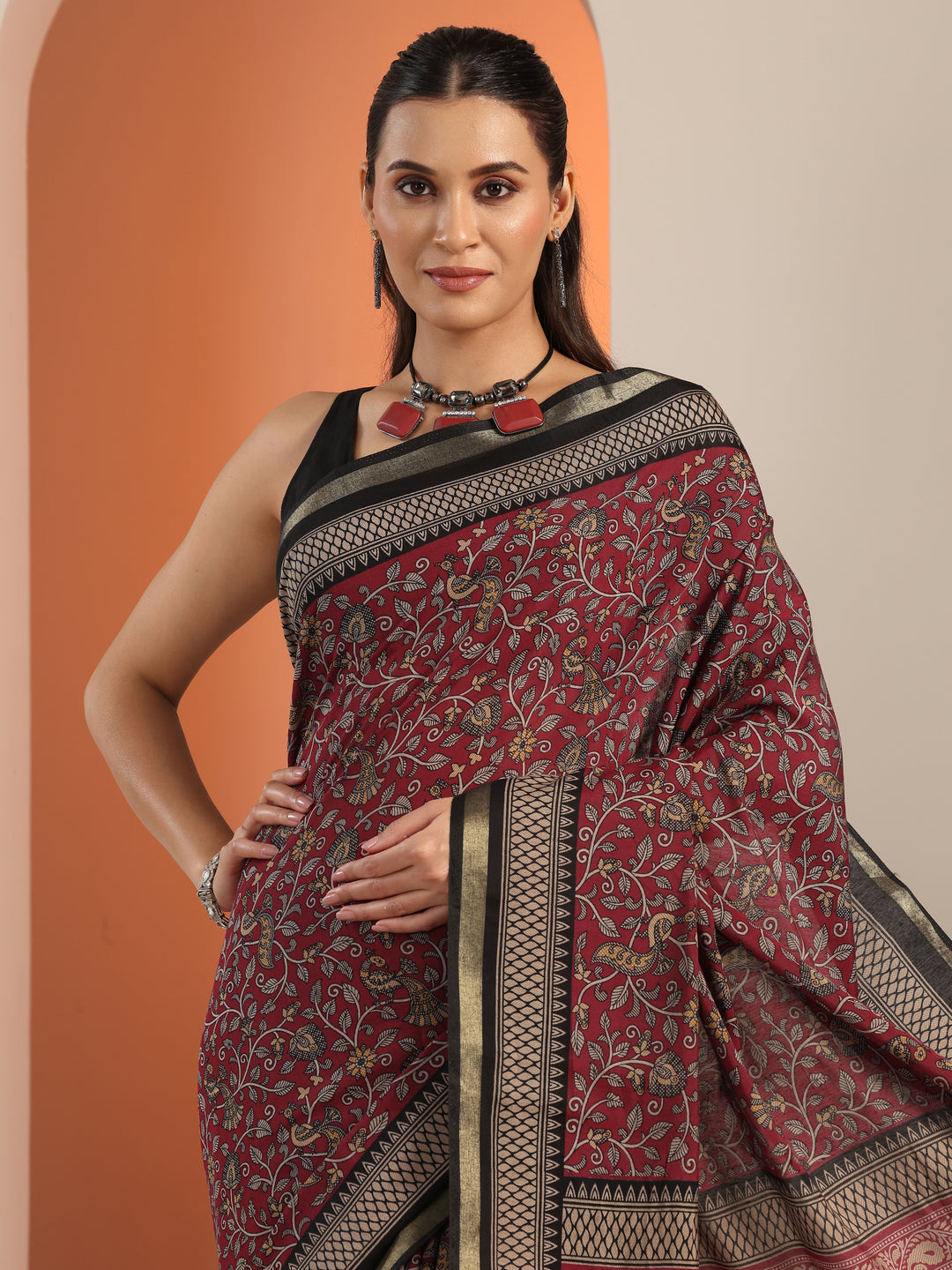  Red Printed Cotton Blend Saree With Unstitched Blouse Piece 
