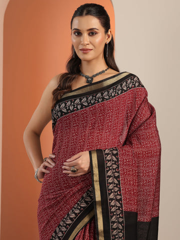 Red Printed Cotton Blend Saree With Unstitched Blouse Piece