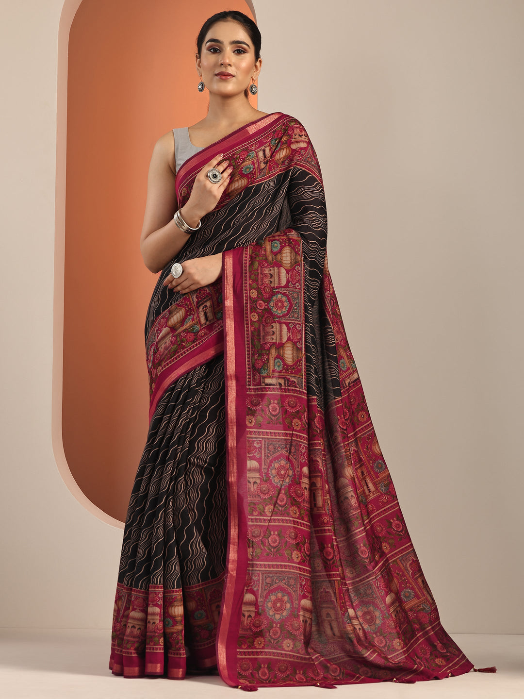  Black Printed Cotton Blend Saree With Unstitched Blouse Piece 