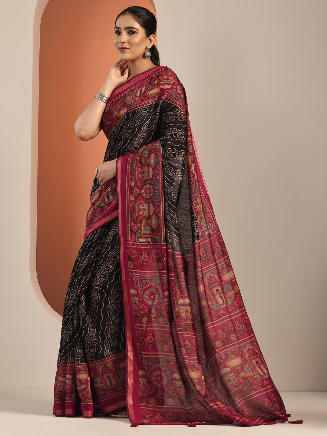  Black Printed Cotton Blend Saree With Unstitched Blouse Piece 