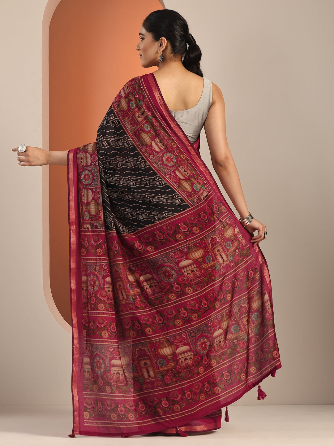  Black Printed Cotton Blend Saree With Unstitched Blouse Piece 
