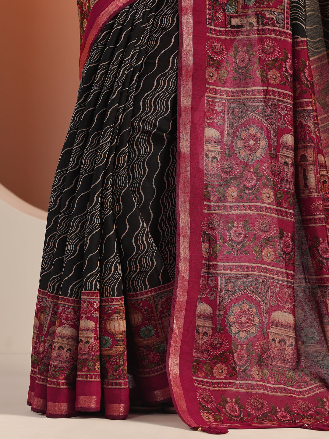  Black Printed Cotton Blend Saree With Unstitched Blouse Piece 