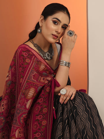 Black Printed Cotton Blend Saree With Unstitched Blouse Piece