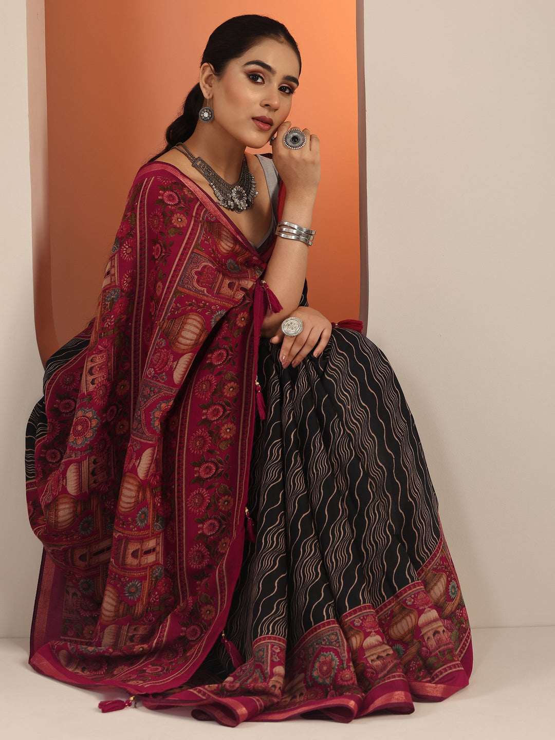  Black Printed Cotton Blend Saree With Unstitched Blouse Piece 