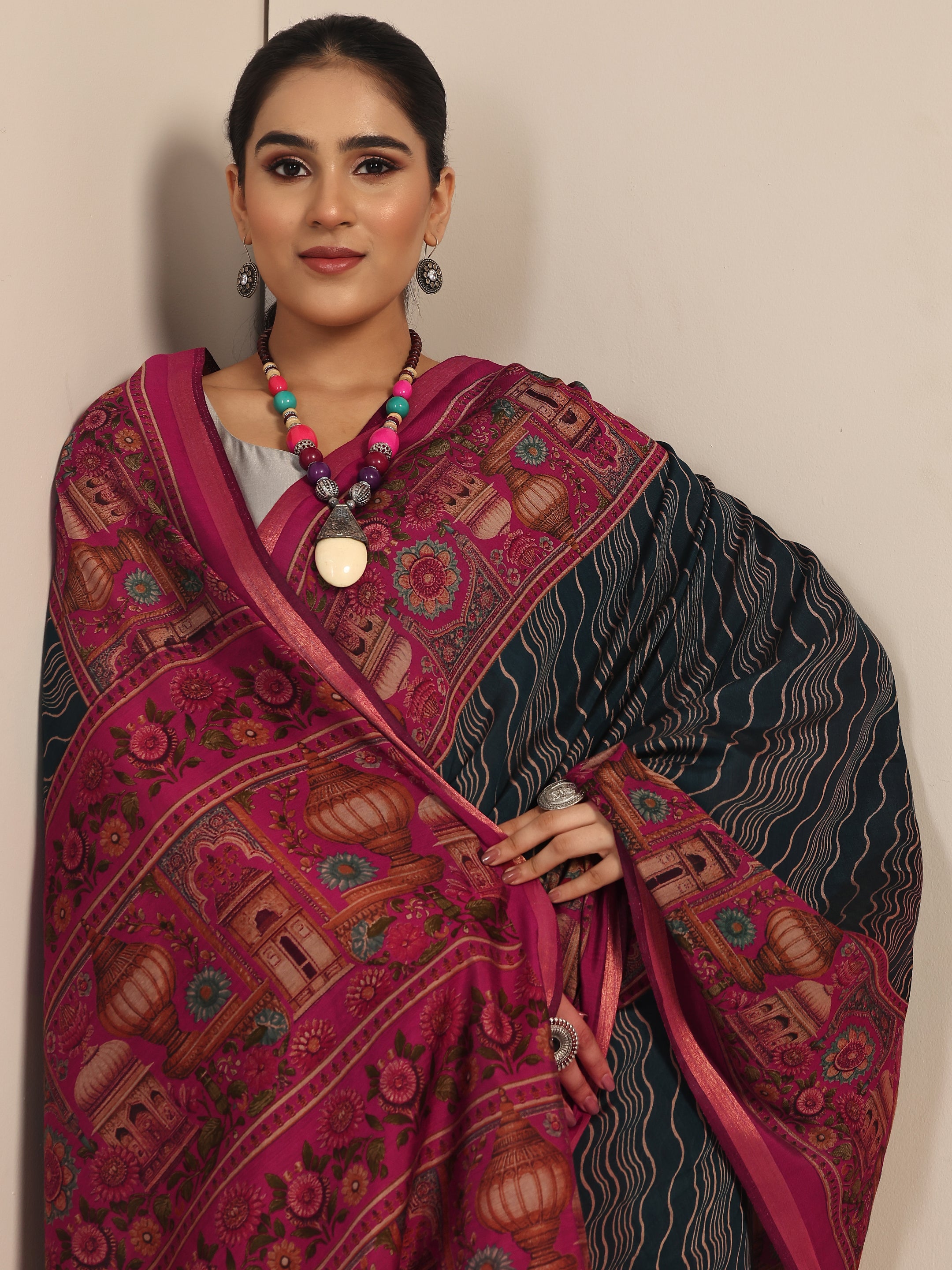 libas Teal Printed Cotton Blend Saree With Unstitched Blouse Piece-picture-22