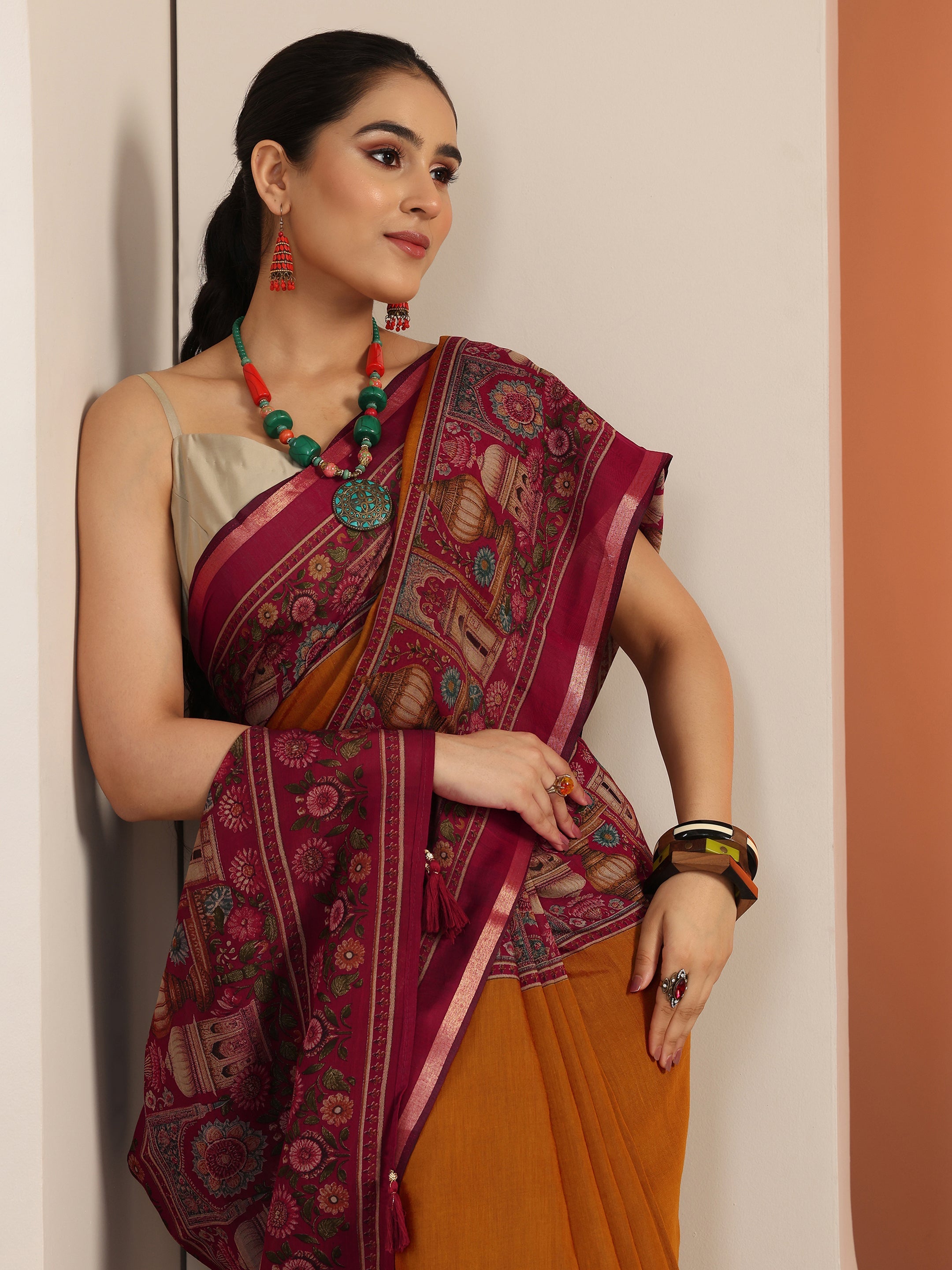 libas Mustard Solid Cotton Blend Saree With Unstitched Blouse Piece-picture-20