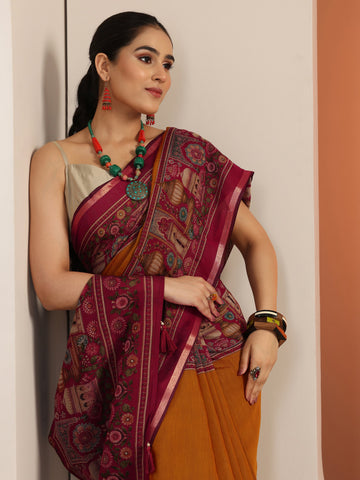Mustard Solid Cotton Blend Saree With Unstitched Blouse Piece
