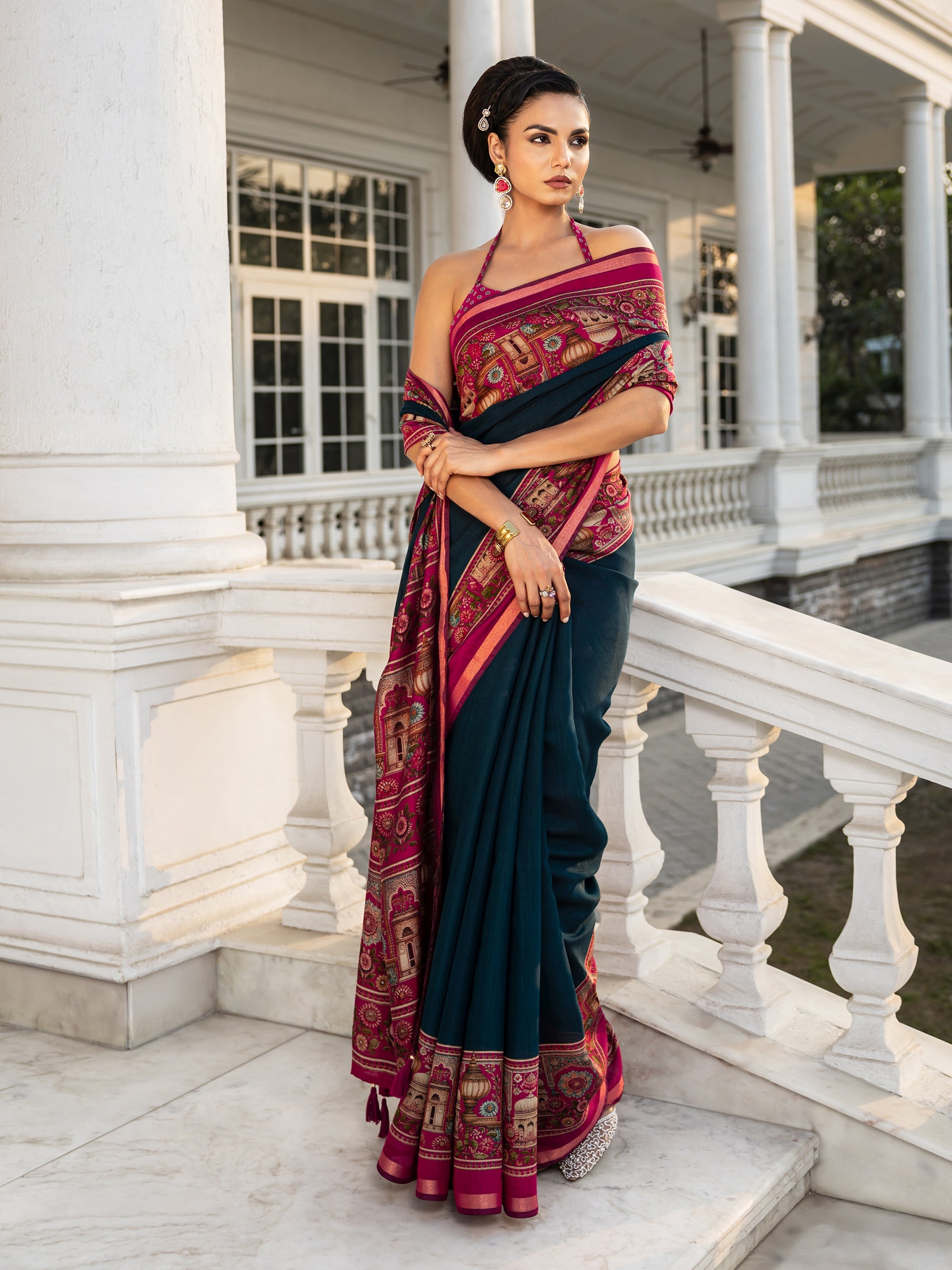 libas Teal Solid Cotton Blend Saree With Unstitched Blouse Piece-picture-66