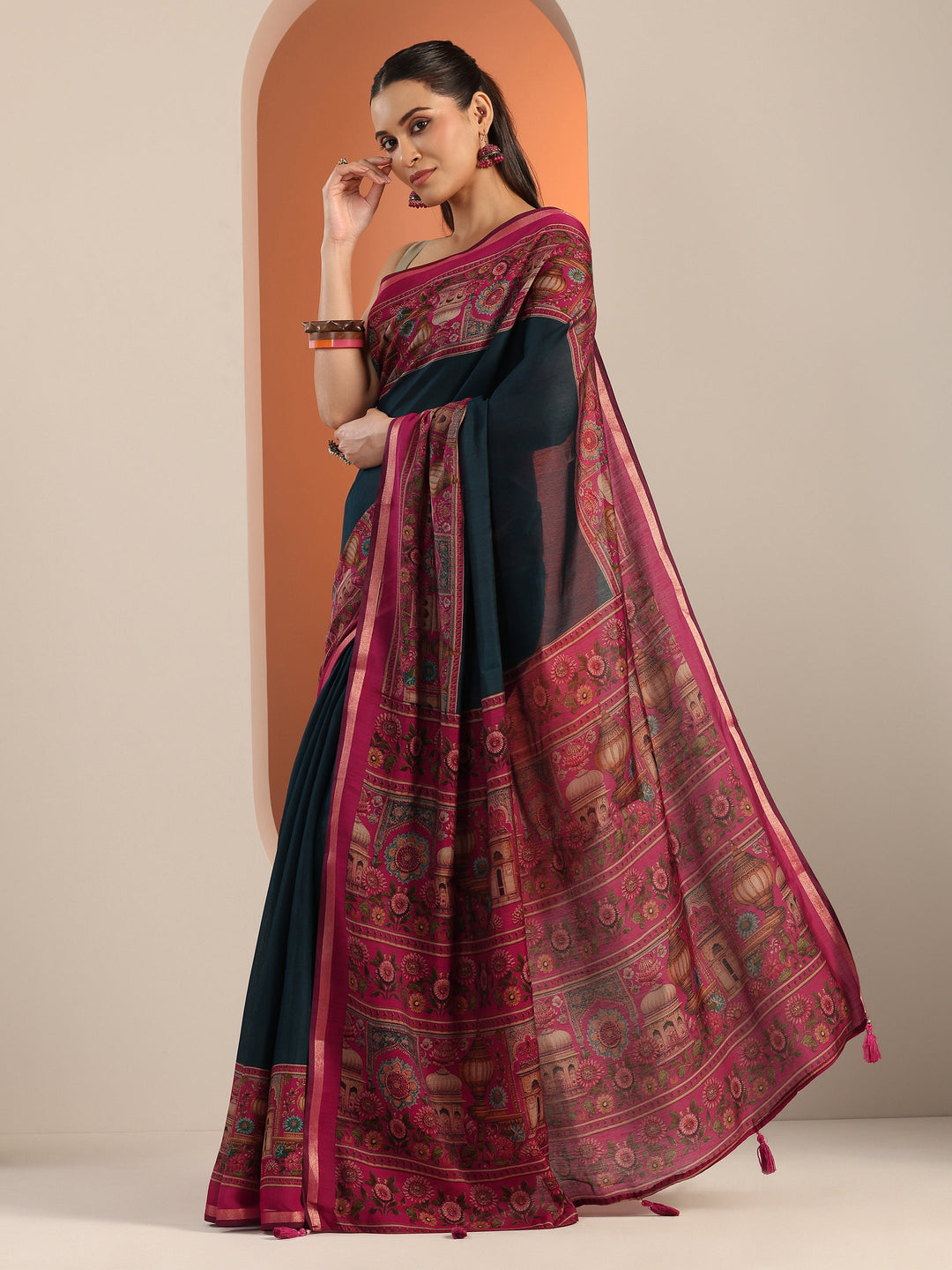  Teal Solid Cotton Blend Saree With Unstitched Blouse Piece 