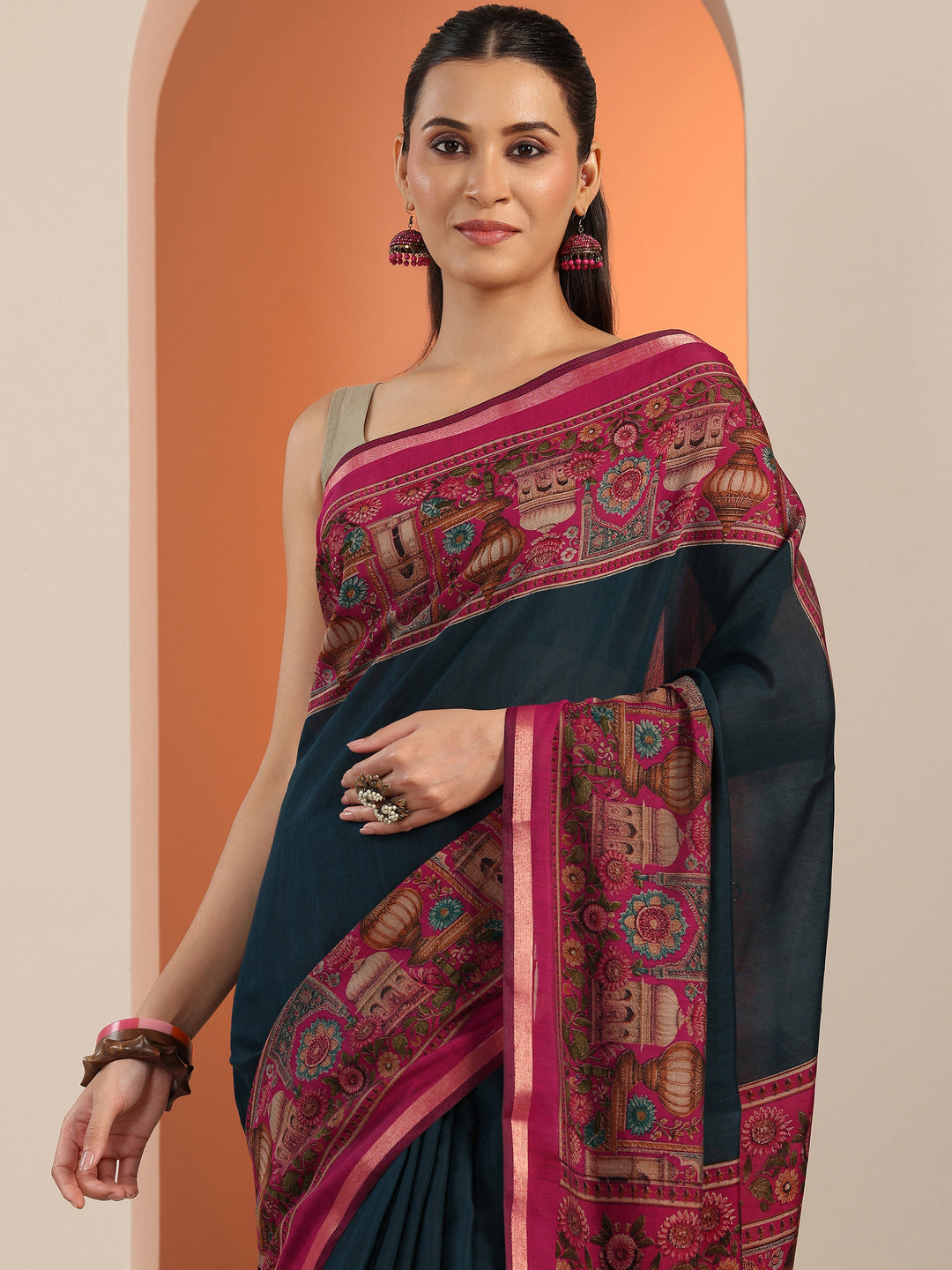  Teal Solid Cotton Blend Saree With Unstitched Blouse Piece 