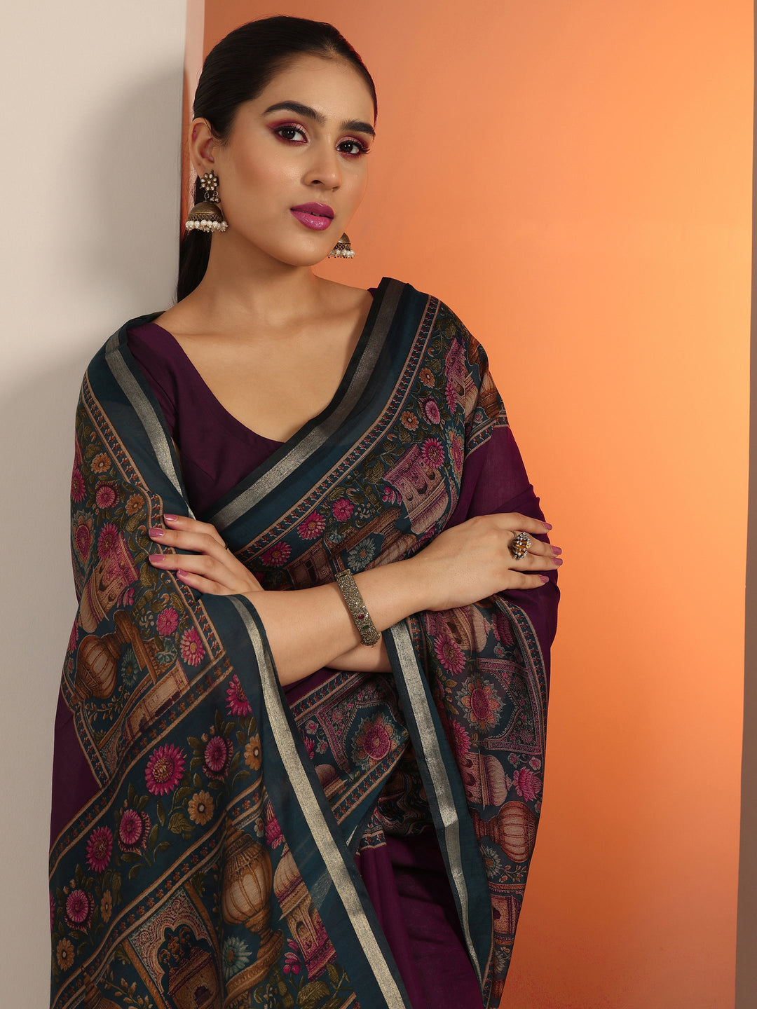  Burgundy Solid Cotton Blend Saree With Unstitched Blouse Piece 