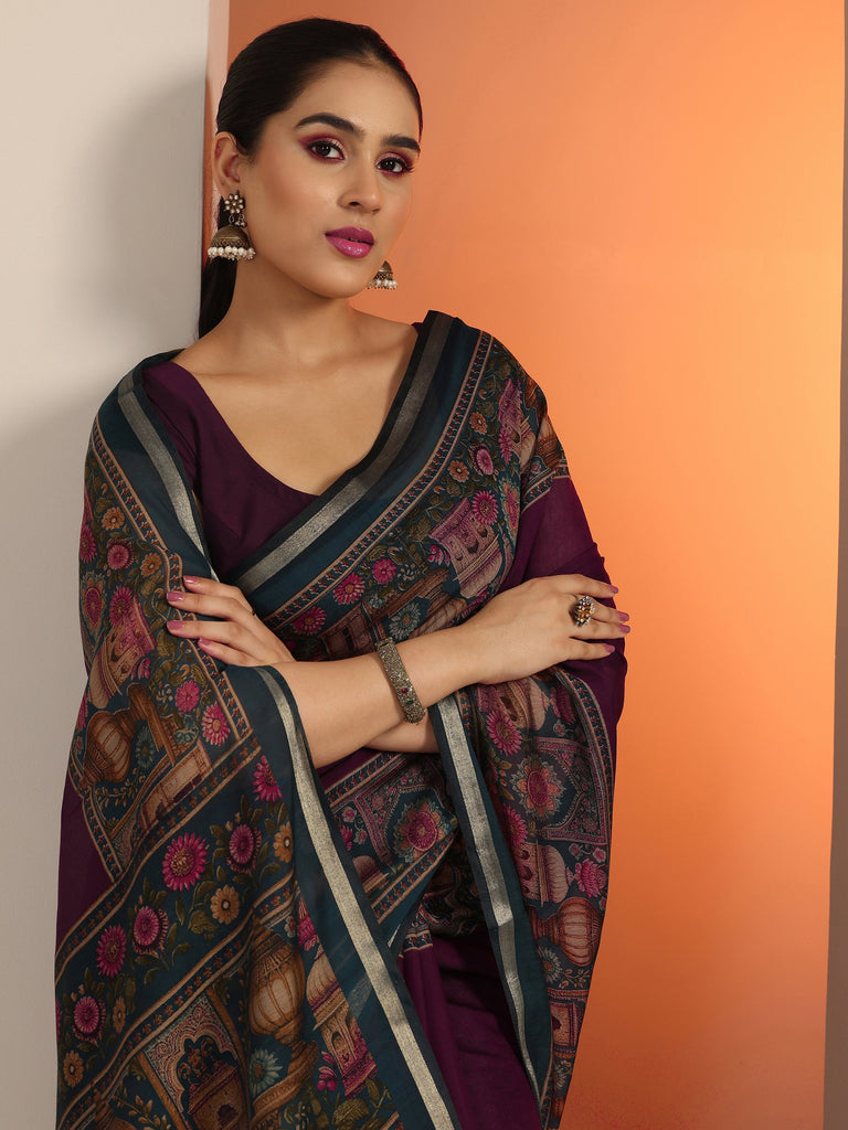 Libas Burgundy Solid Cotton Blend Saree With Unstitched Blouse Piece