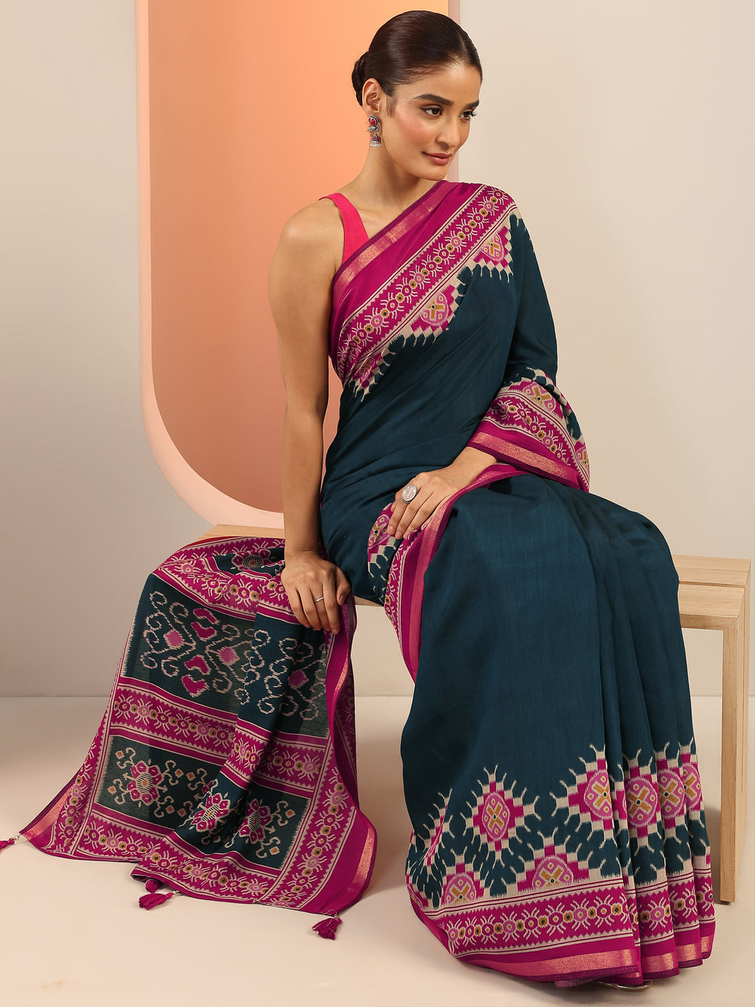  Teal Solid Cotton Saree With Unstitched Blouse Piece 