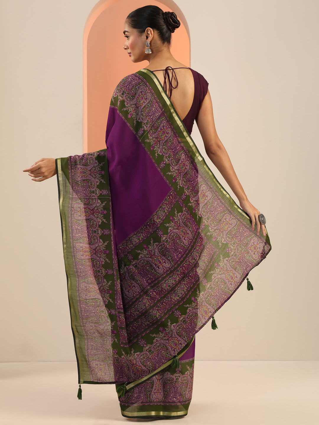  Purple Printed Cotton Saree With Unstitched Blouse Piece 