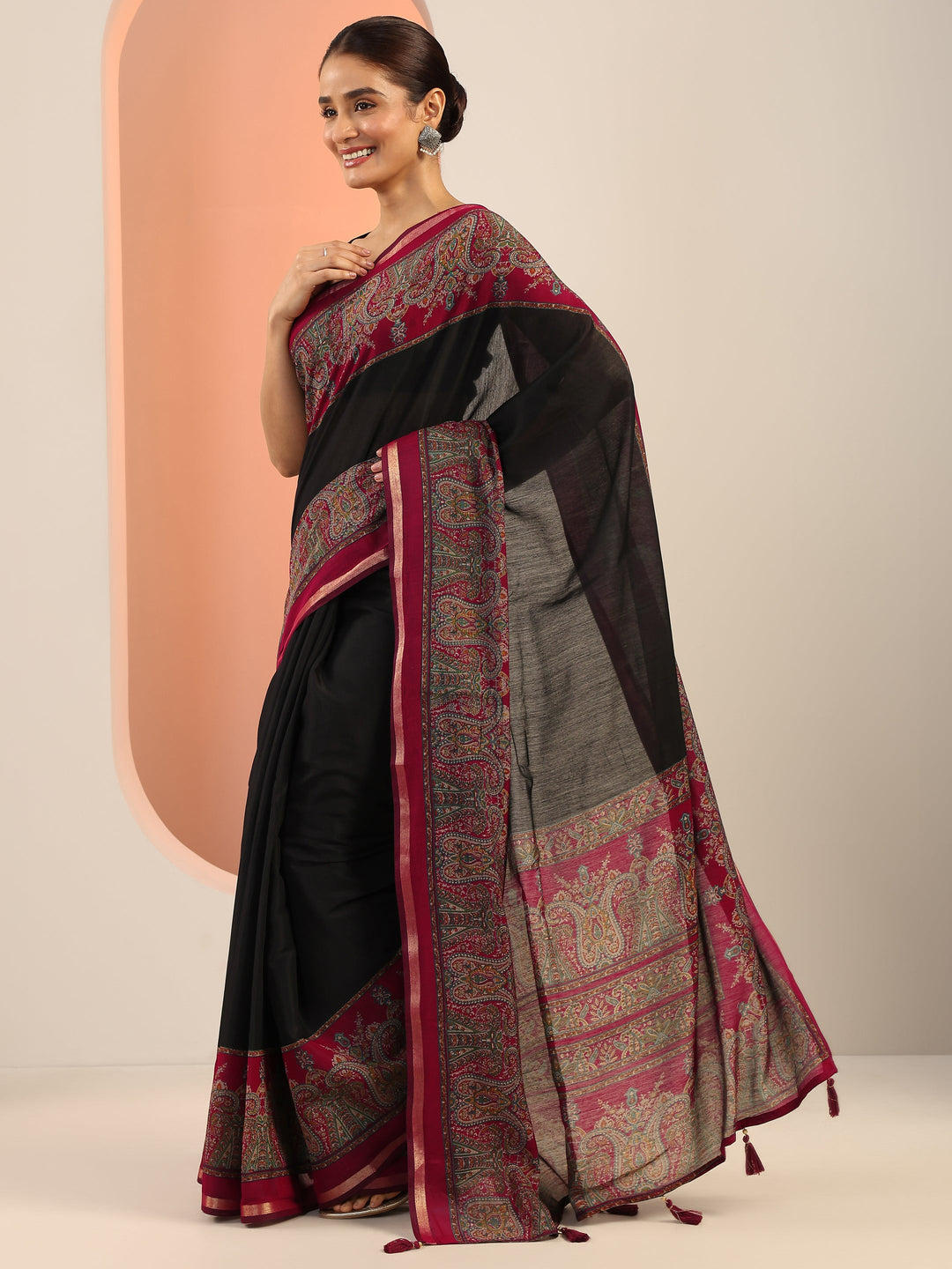  Black Printed Cotton Saree With Unstitched Blouse Piece 