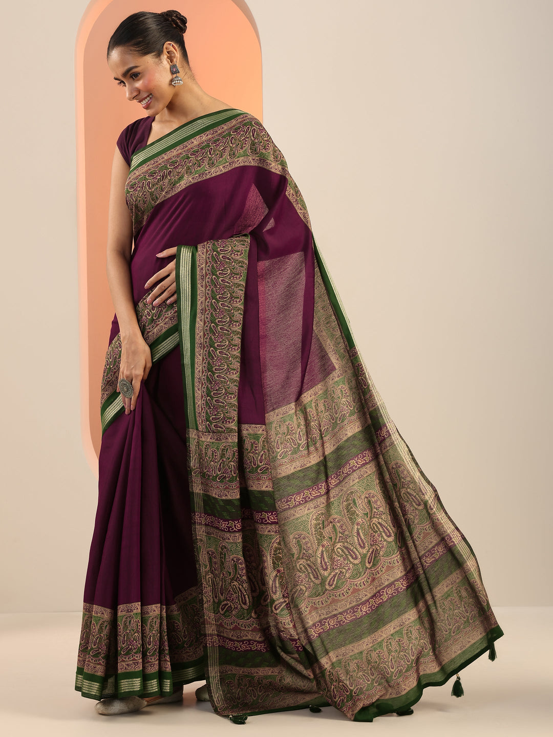  Burgundy Printed Cotton Saree With Unstitched Blouse Piece 
