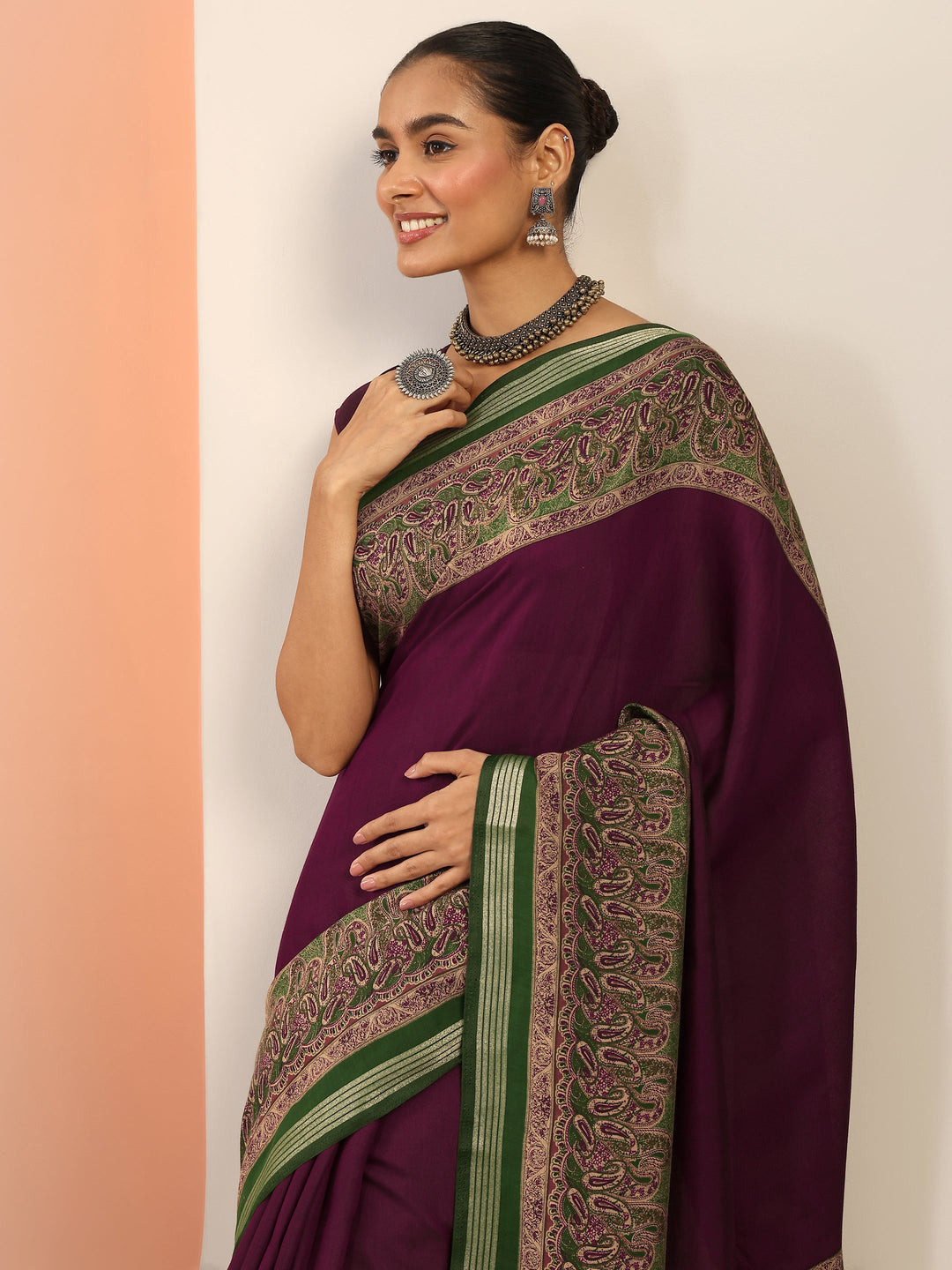  Burgundy Printed Cotton Saree With Unstitched Blouse Piece 