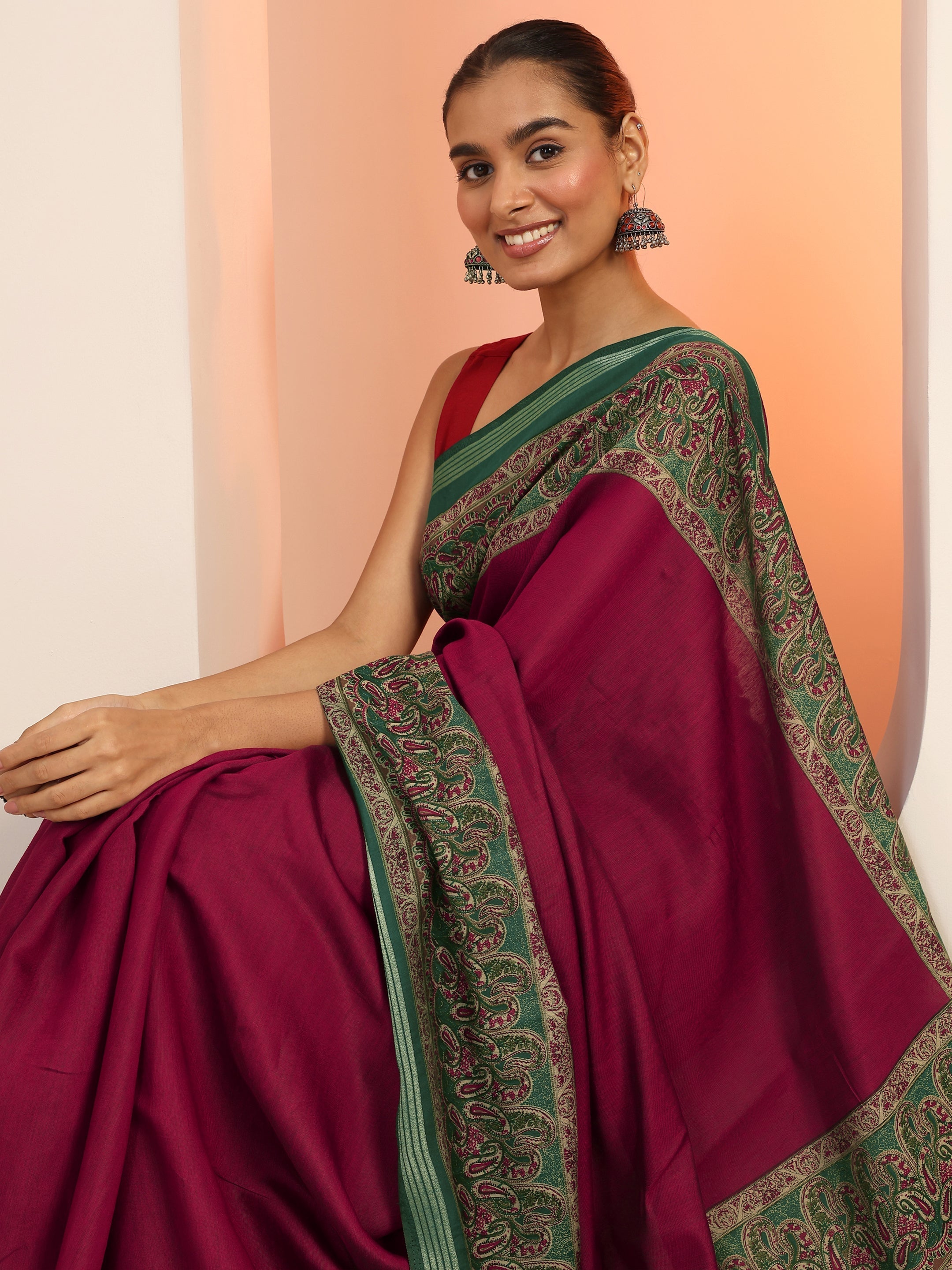 libas Maroon Printed Cotton Saree With Unstitched Blouse Piece-picture-40