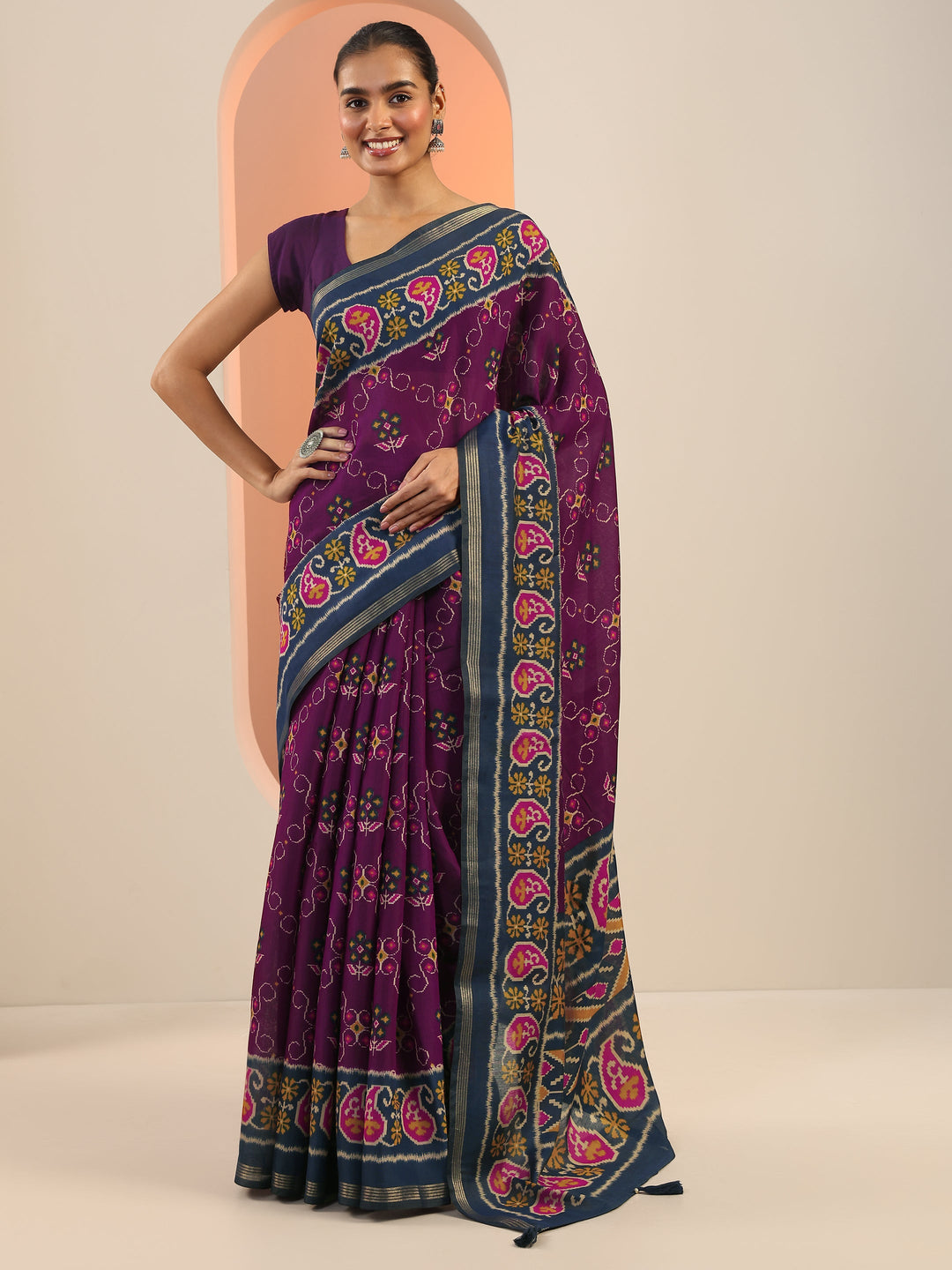  Purple Printed Cotton Saree With Unstitched Blouse Piece 