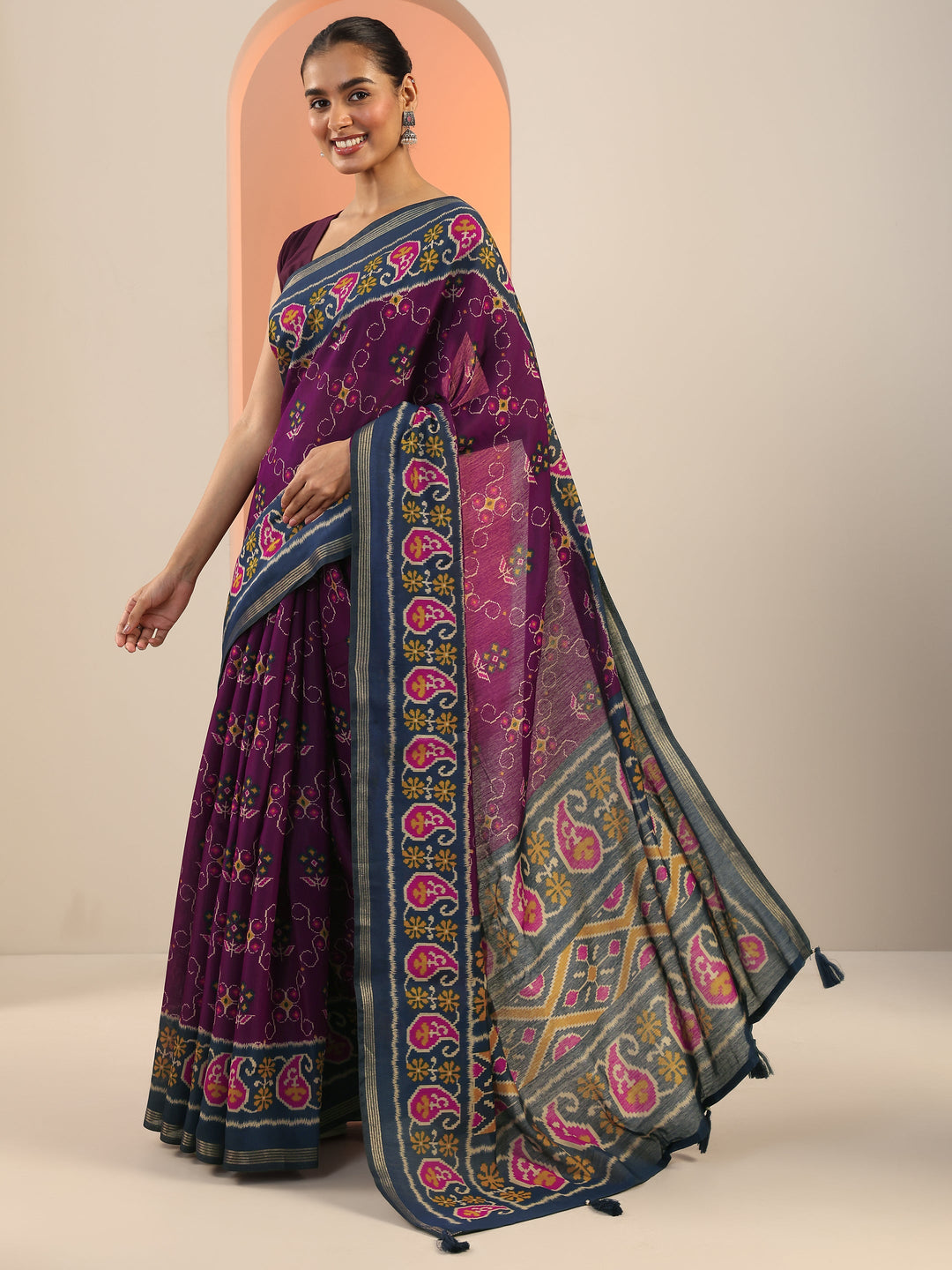  Purple Printed Cotton Saree With Unstitched Blouse Piece 