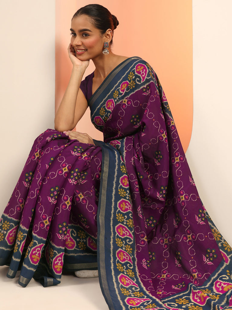 Libas Purple Printed Cotton Saree With Unstitched Blouse Piece