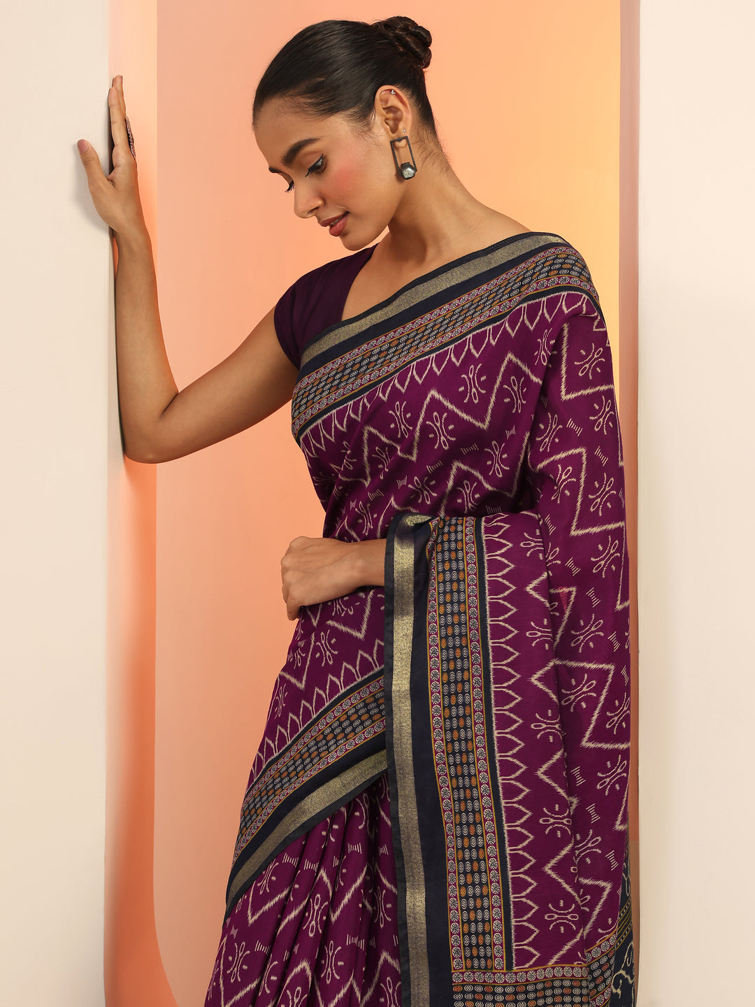  Purple Printed Cotton Saree With Unstitched Blouse Piece 