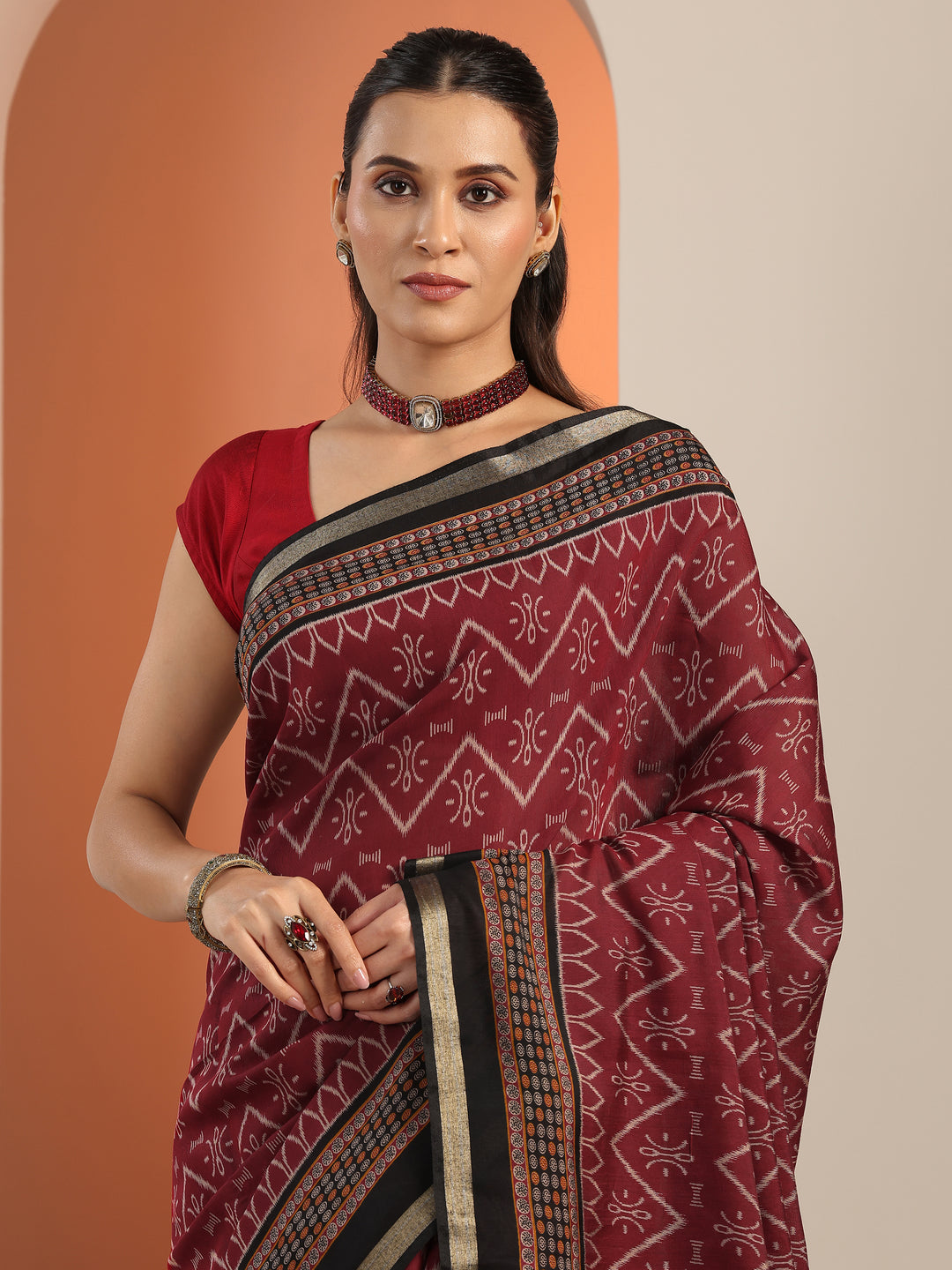  Maroon Printed Cotton Blend Saree With Unstitched Blouse Piece 
