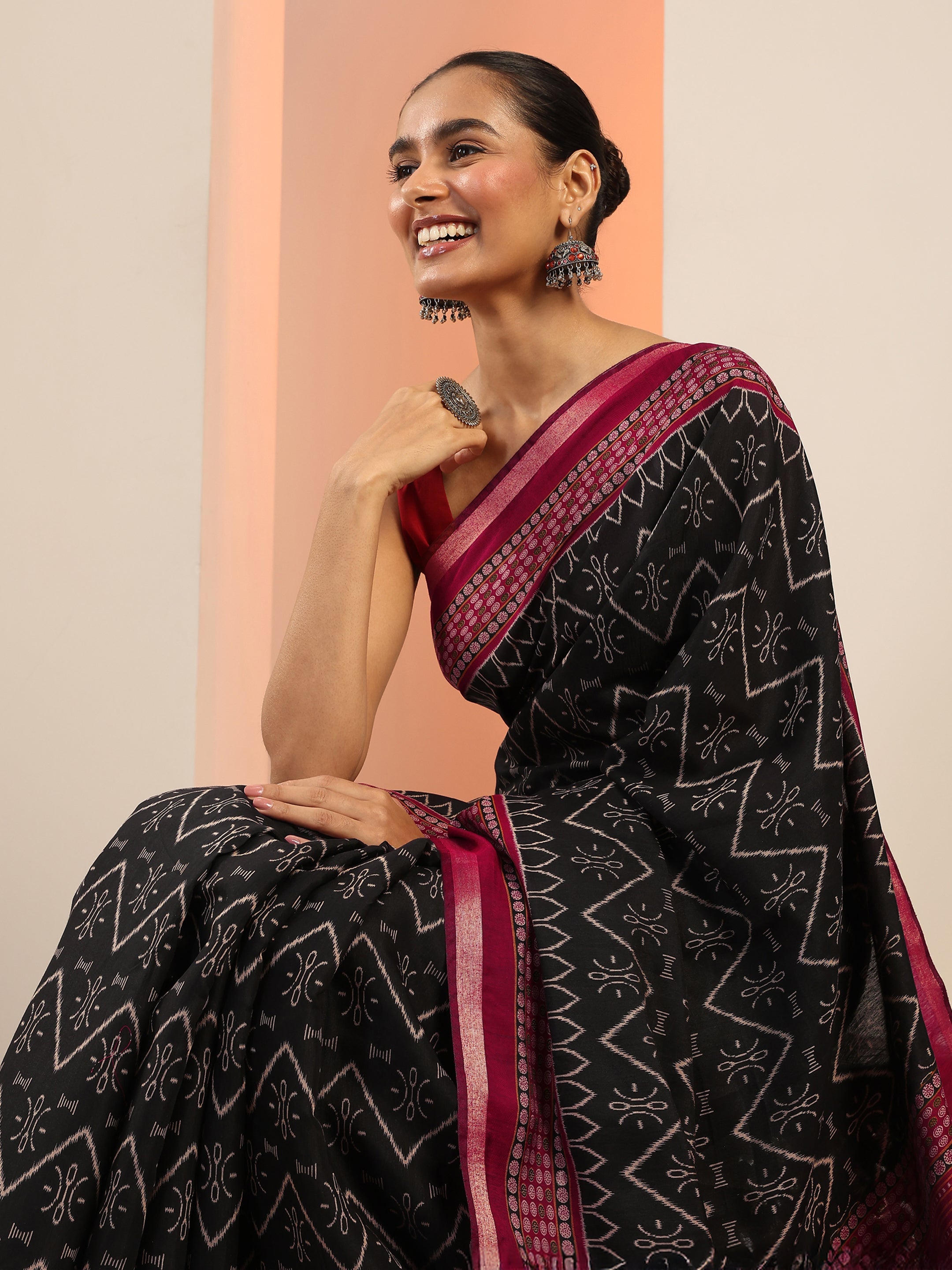 Black Printed Cotton Saree With Unstitched Blouse Piece-image-43